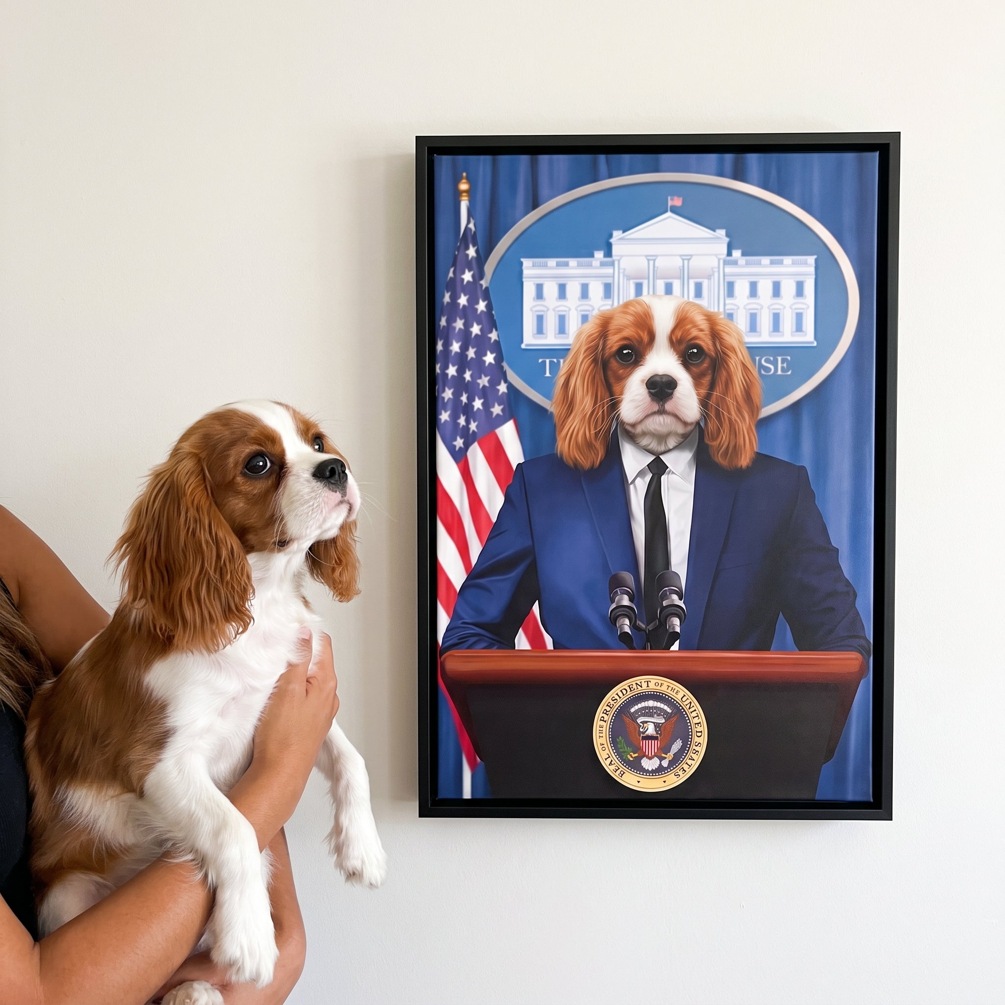 Cavalier king charles spaniel next to its The Pawresident custom pet canvas
