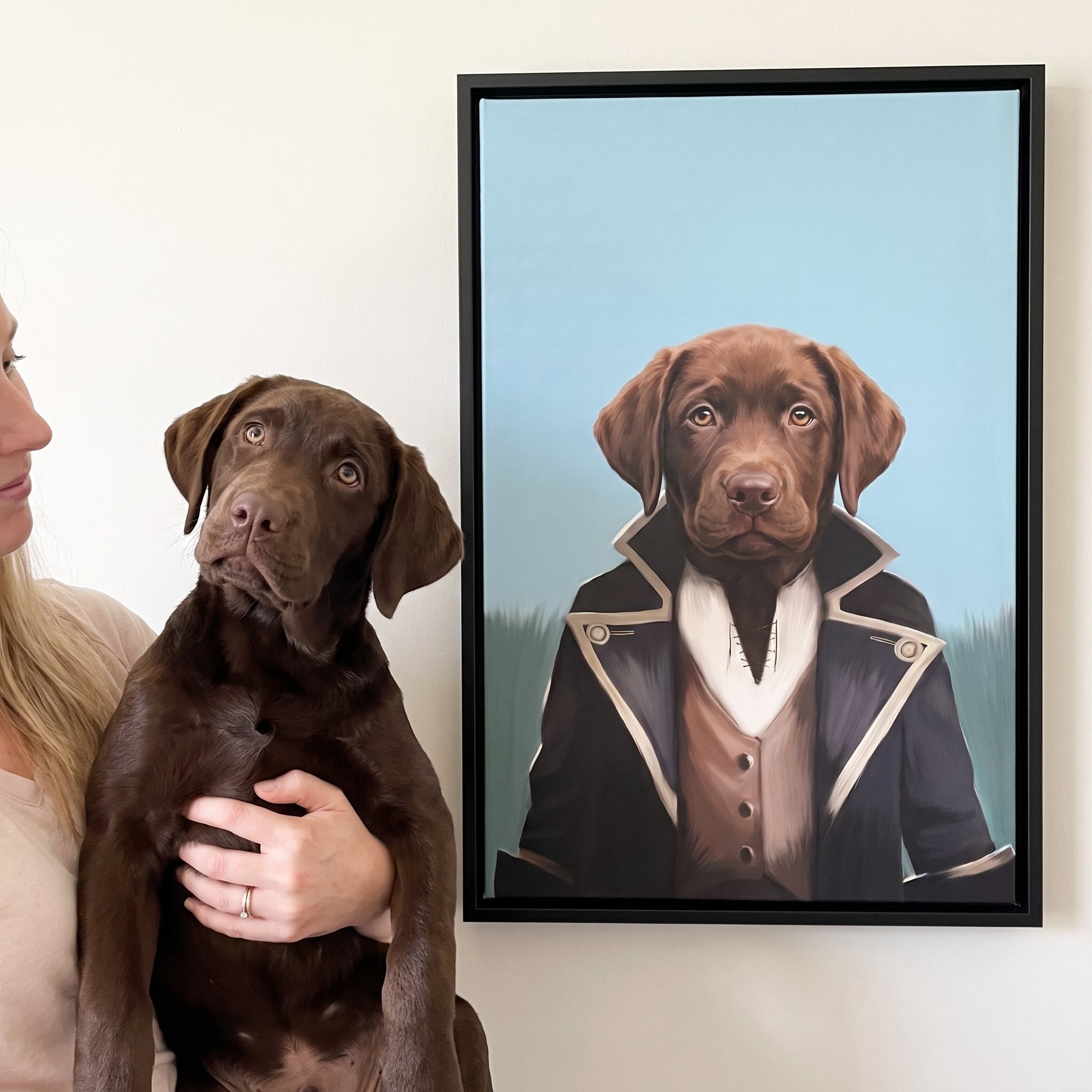 Chocolate labrador next to its The Pirate custom pet canvas