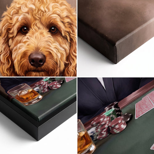 Close-up details of The Poker Player custom pet canvas