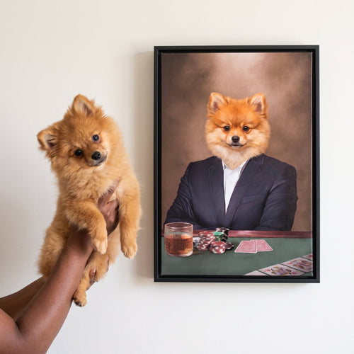 Pomeranian next to its The Poker Player custom pet canvas