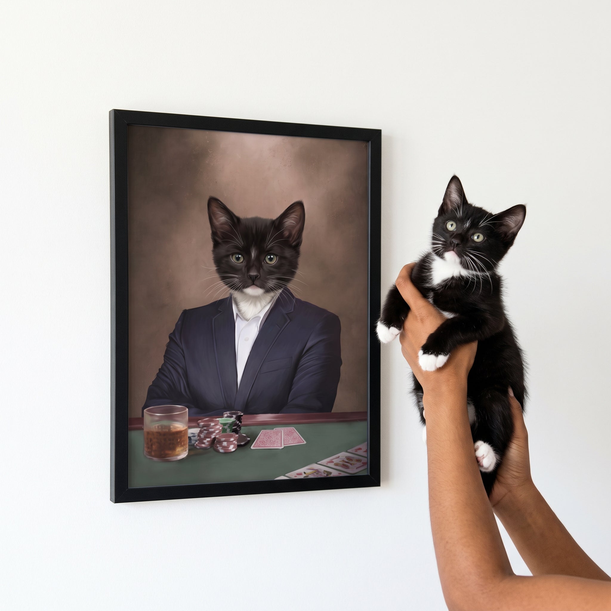 Tuxedo cat next to its The Poker Player custom pet poster