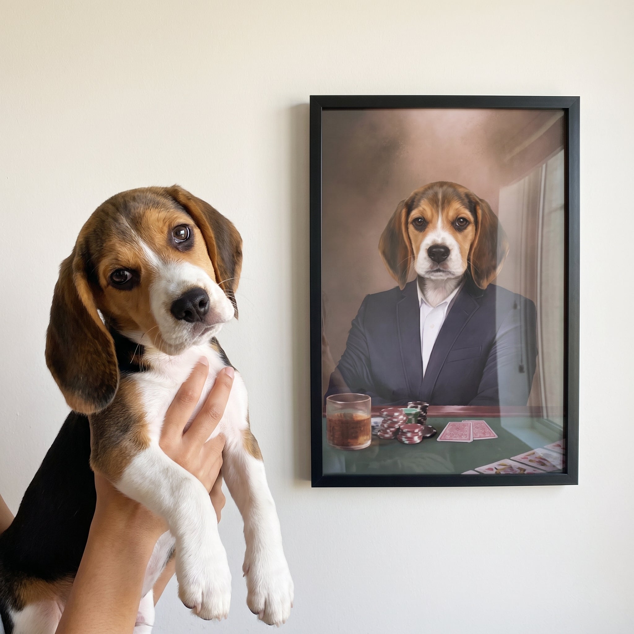 Beagle next to its The Poker Player custom pet poster