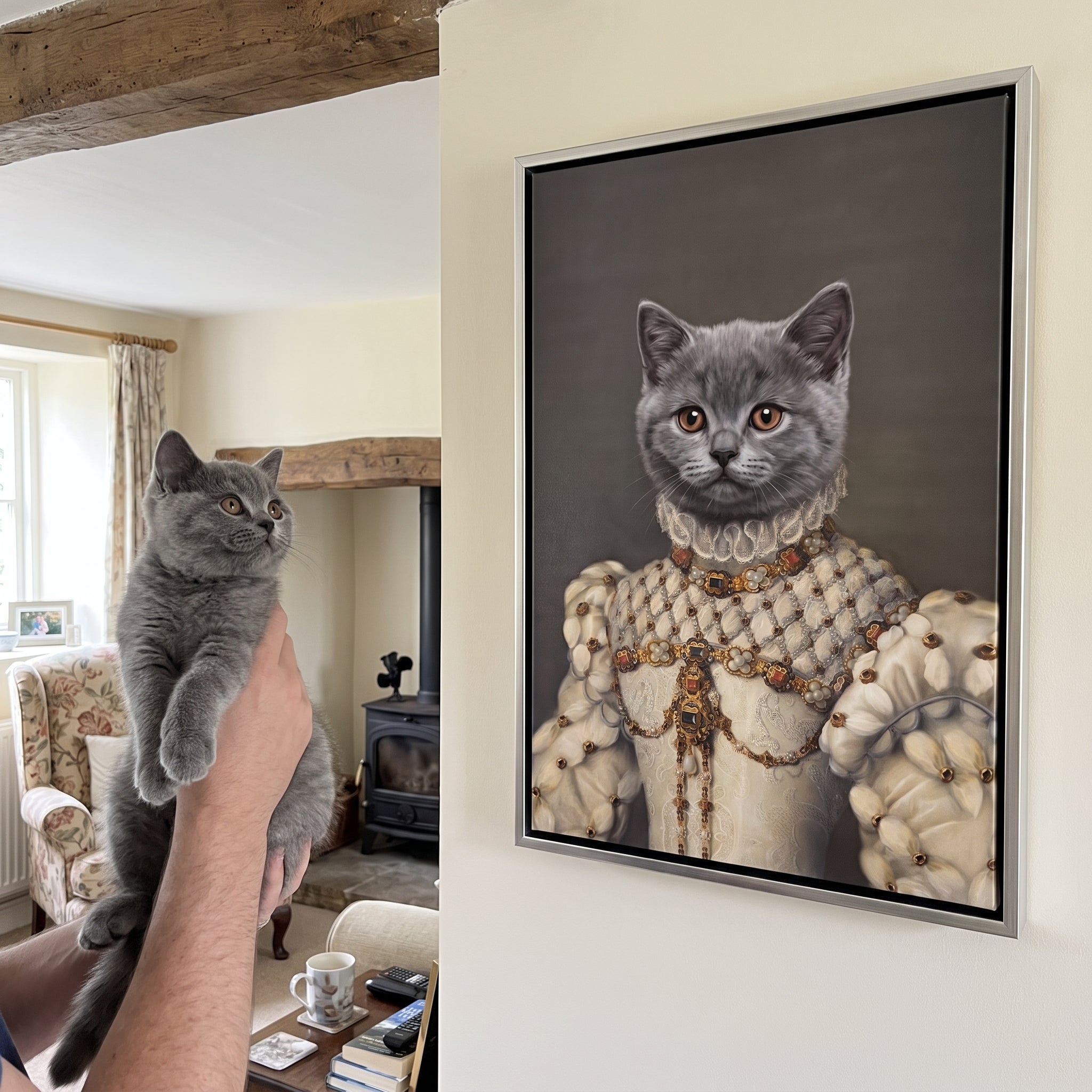 Grey british shorthair cat next to its The Princess custom pet canvas