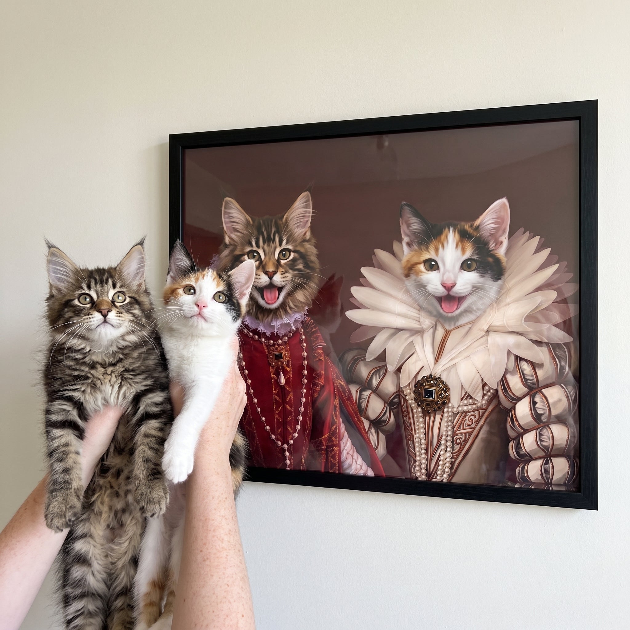 Fluffy maine coon cat and  next to its The Queen and Queen of Roses custom pet poster
