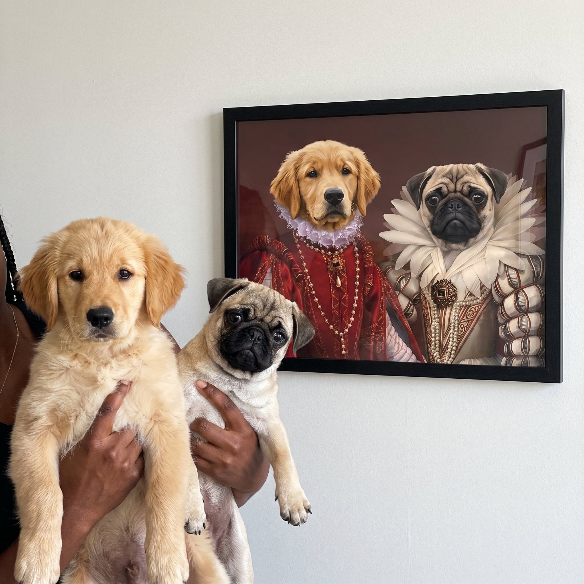 Golden retriever and pug next to its The Queen and Queen of Roses custom pet poster