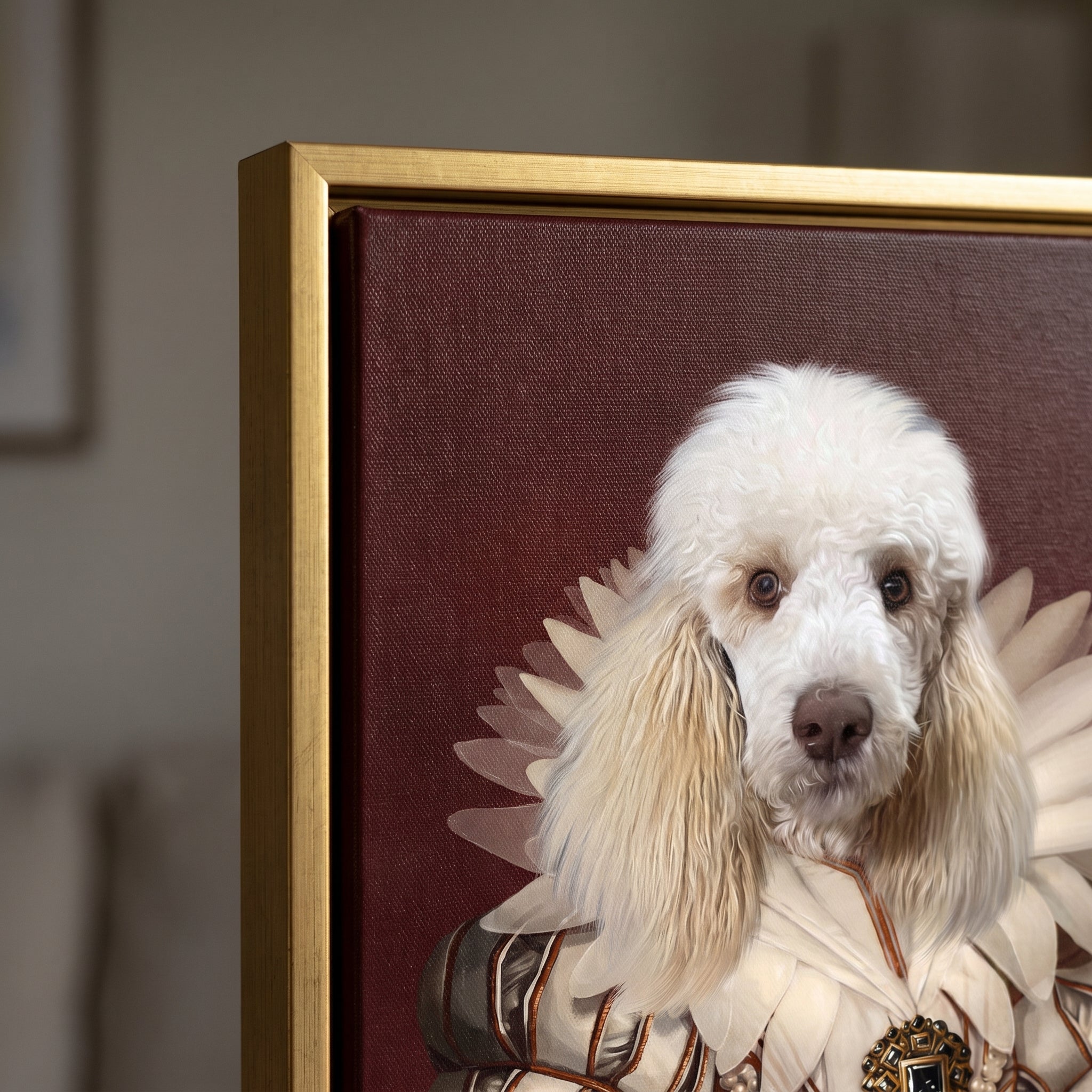 Close-up details of The Queen custom pet canvas