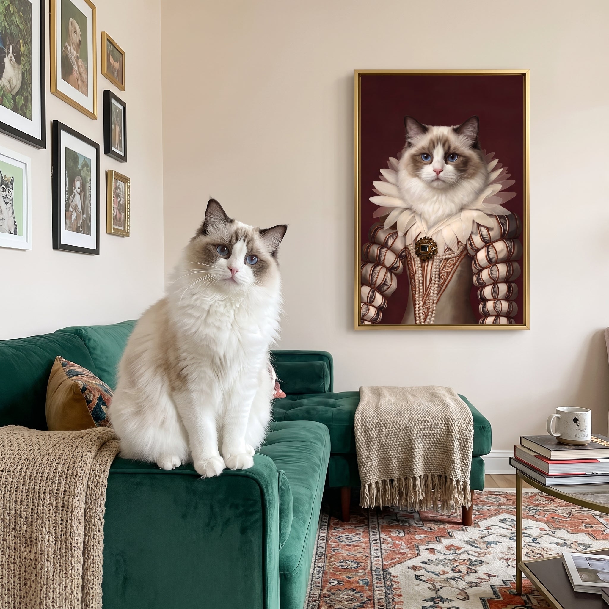 White ragdoll cat next to its The Queen custom pet canvas