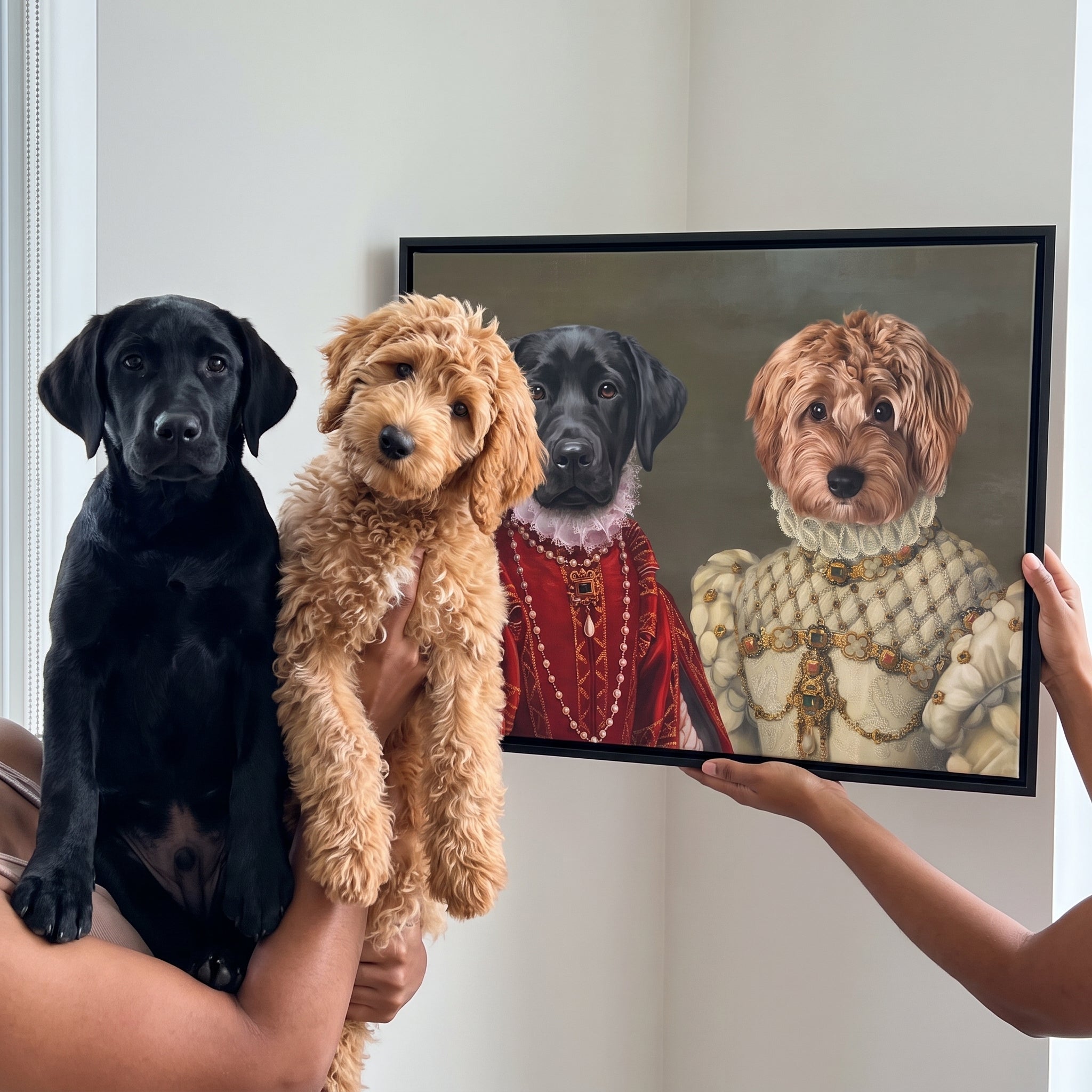 Black labrador and gold next to its The Queen of Roses and Princess custom pet canvas