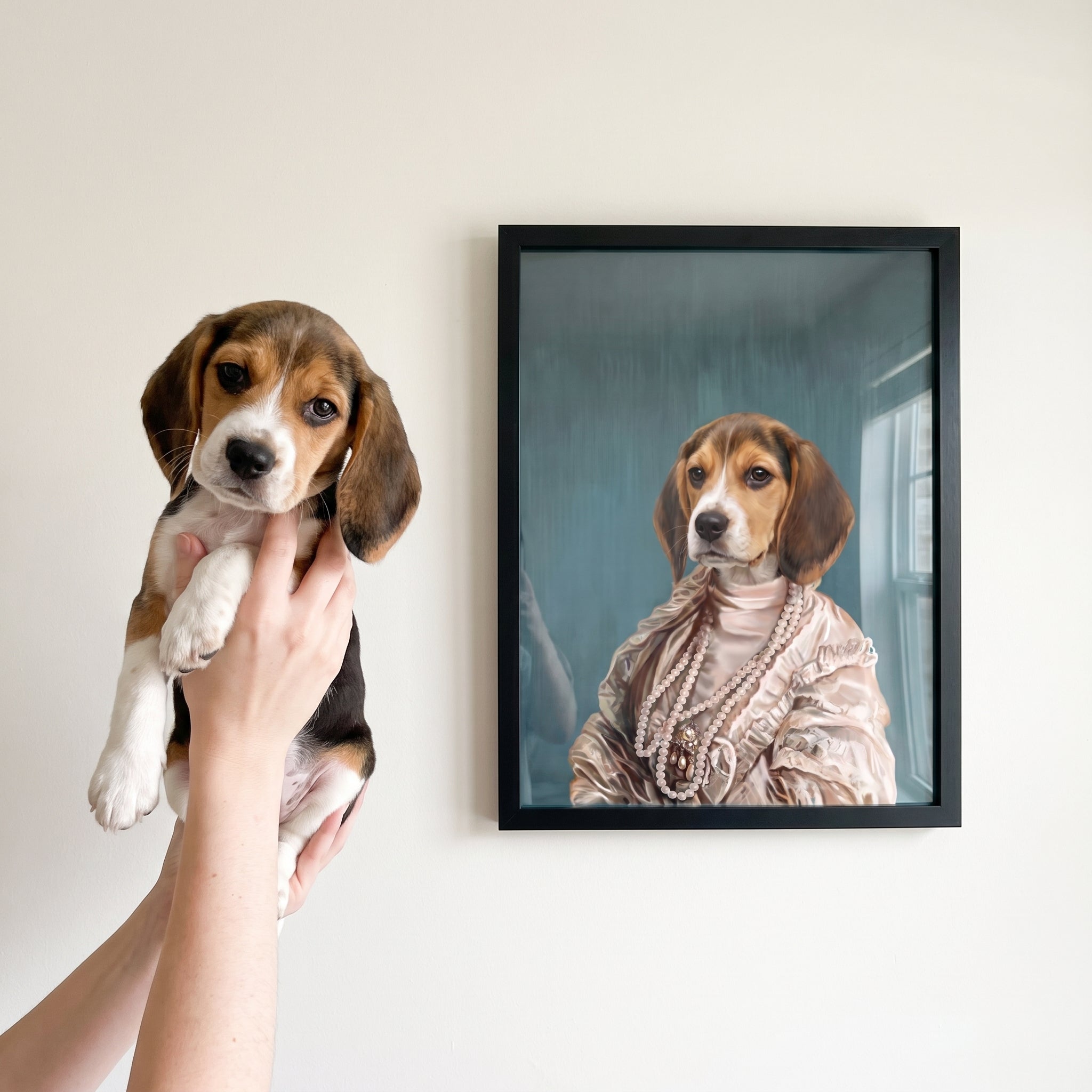 Beagle next to its The Queen Regent custom pet poster