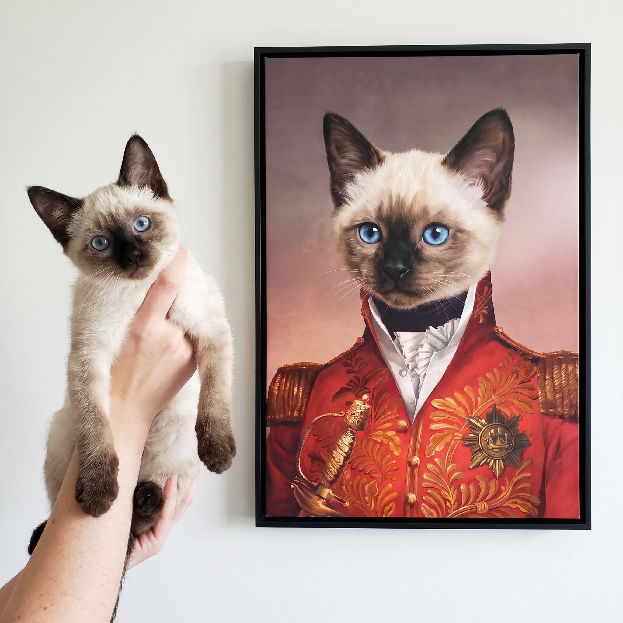 Siamese cat next to its The Red General custom pet canvas