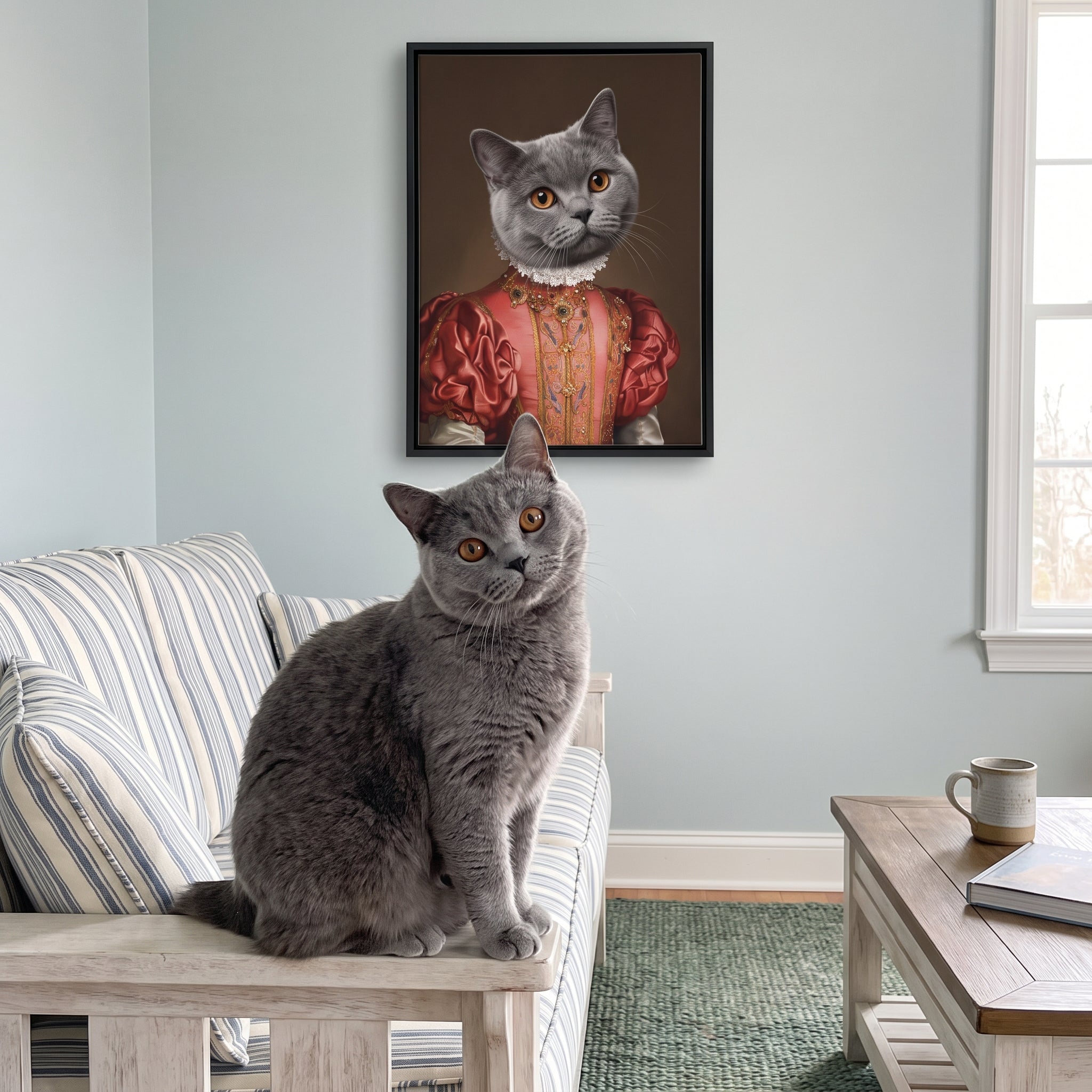Grey british shorthair cat next to its The Red Rose custom pet canvas