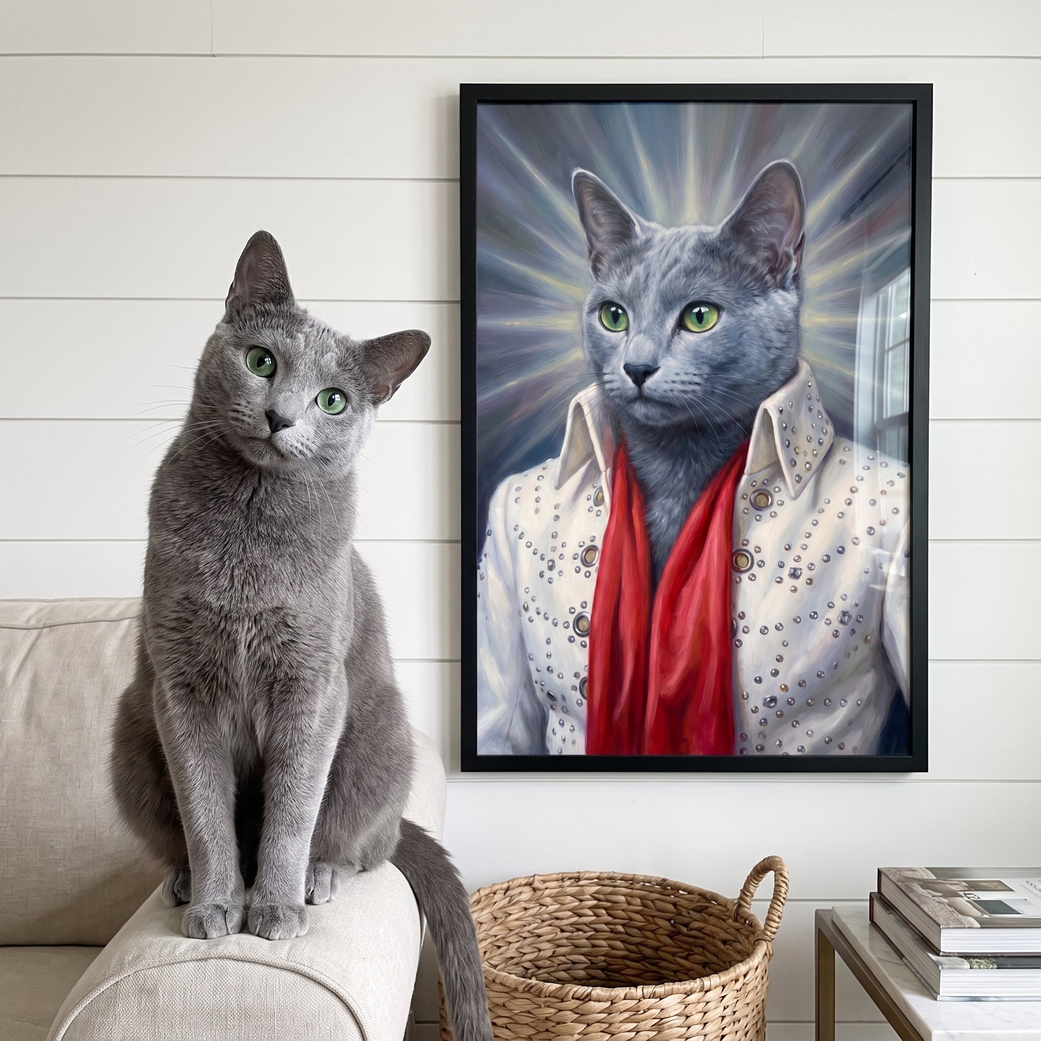 Russian blue cat next to its The Rock God custom pet poster