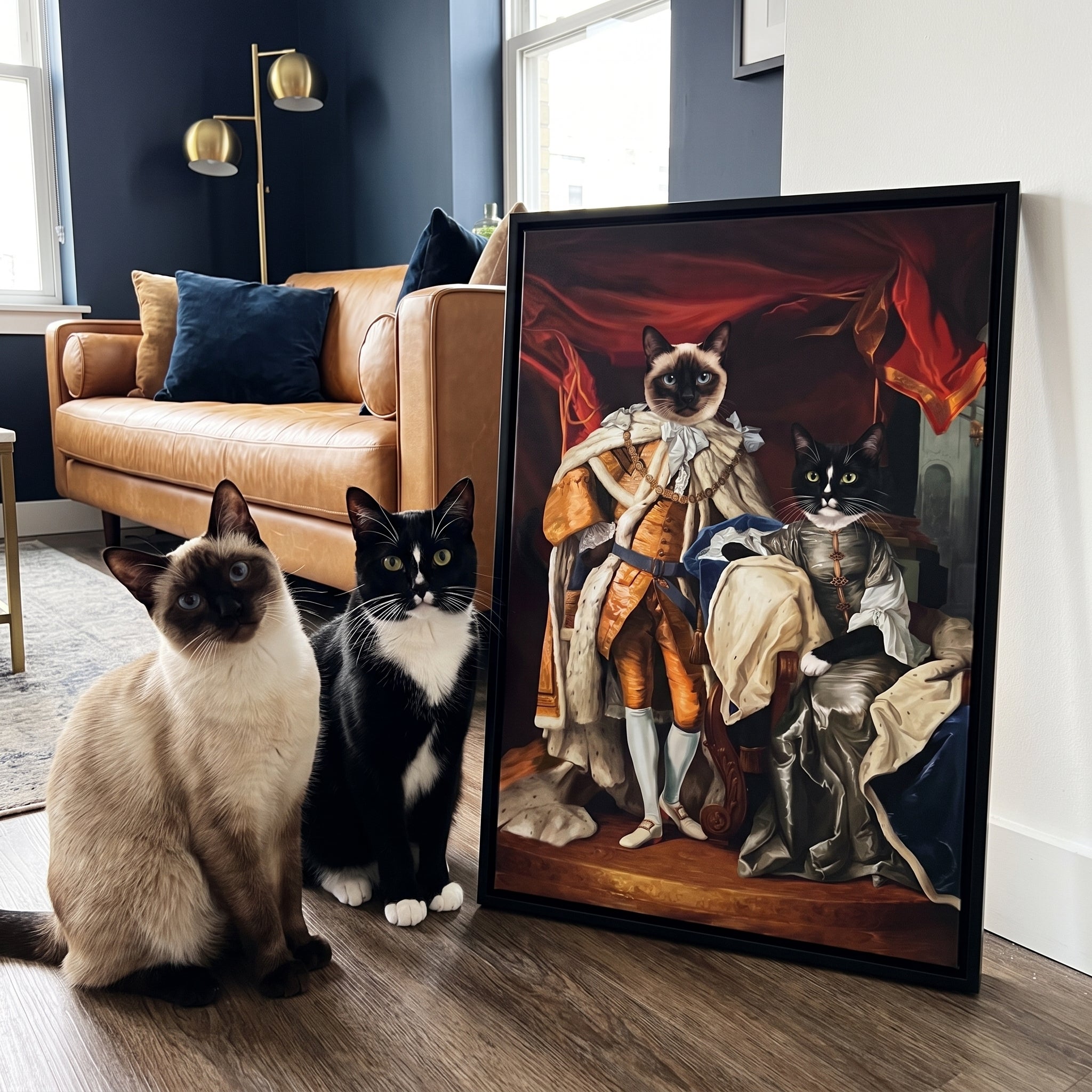 Siamese cat and tuxedo cat next to its The Royal Couple custom pet canvas