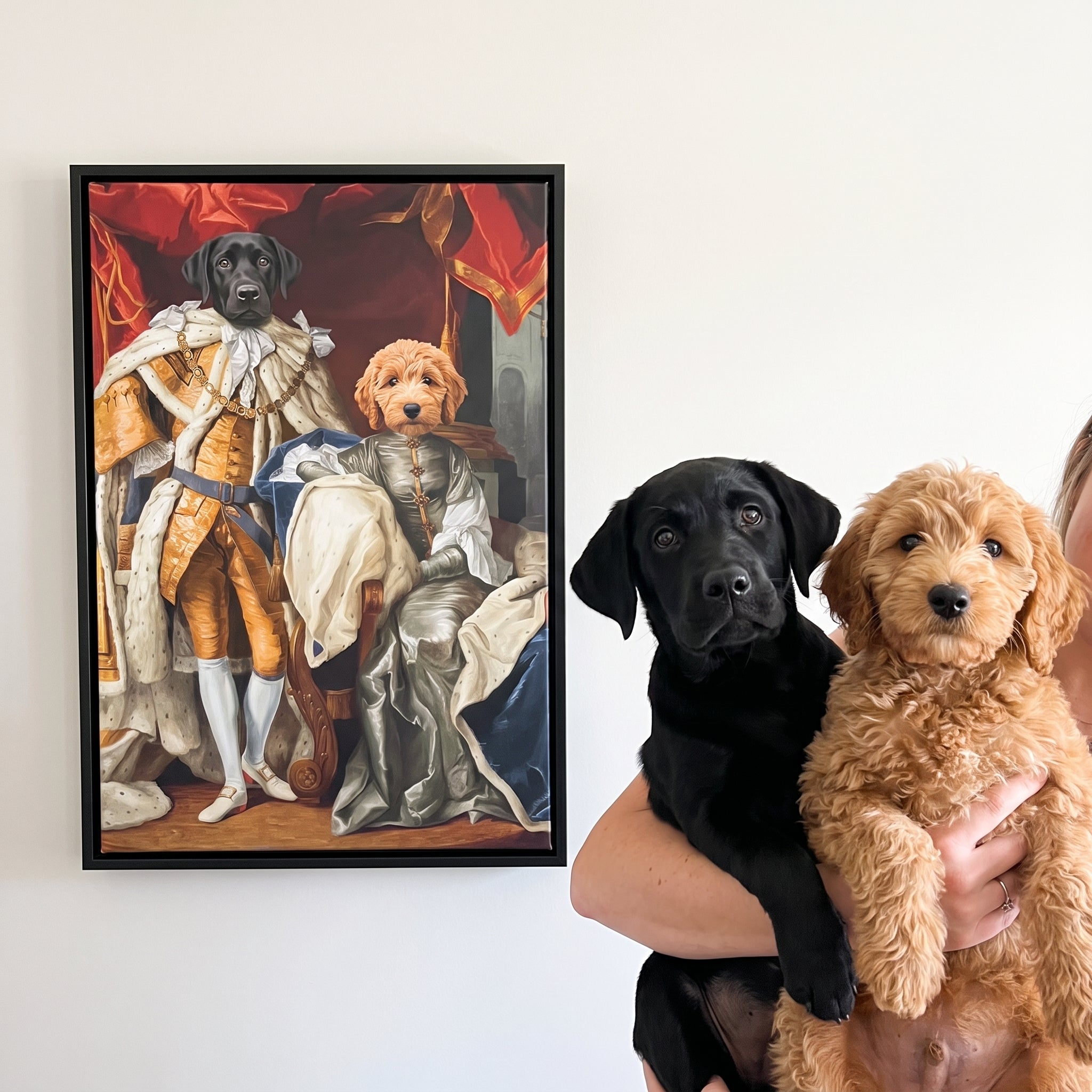 Black labrador and goldendoodle next to its The Royal Couple custom pet canvas