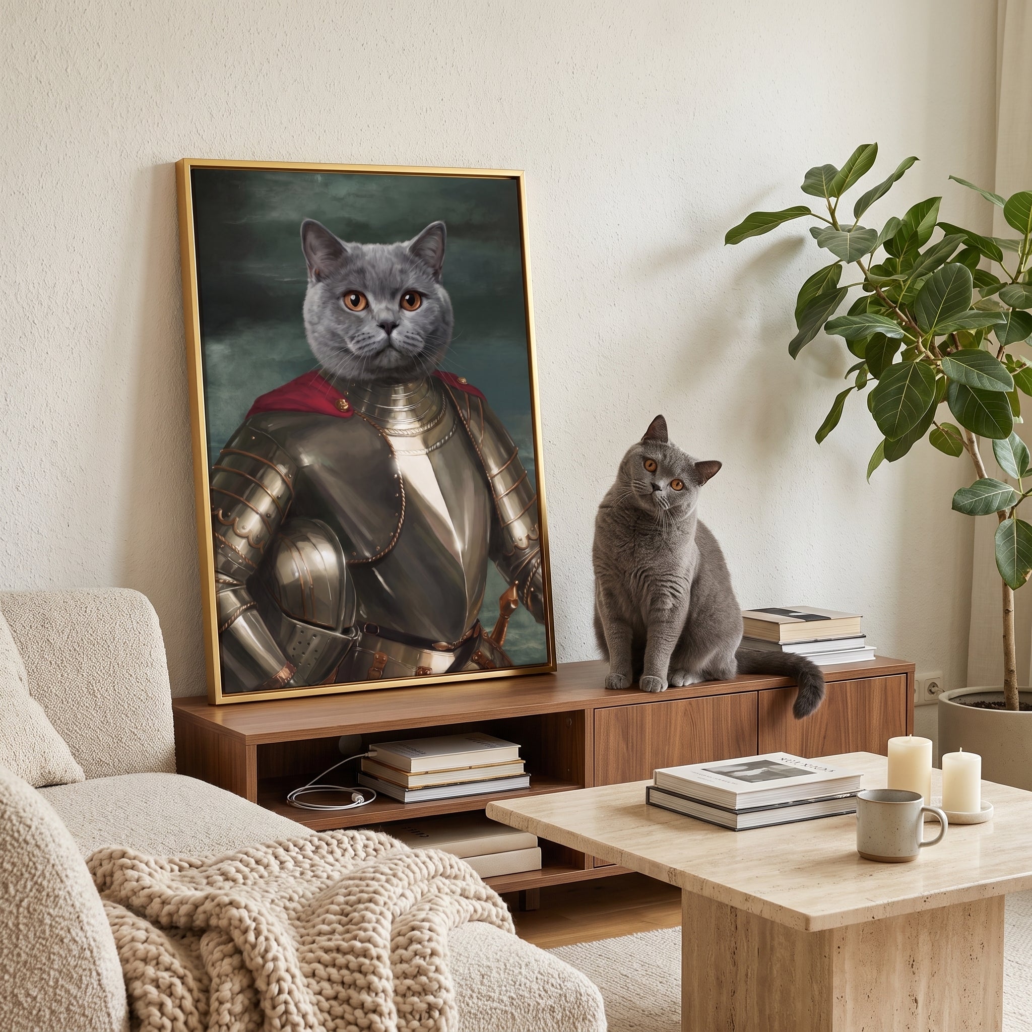 Grey british shorthair cat next to its The Royal Knight custom pet canvas