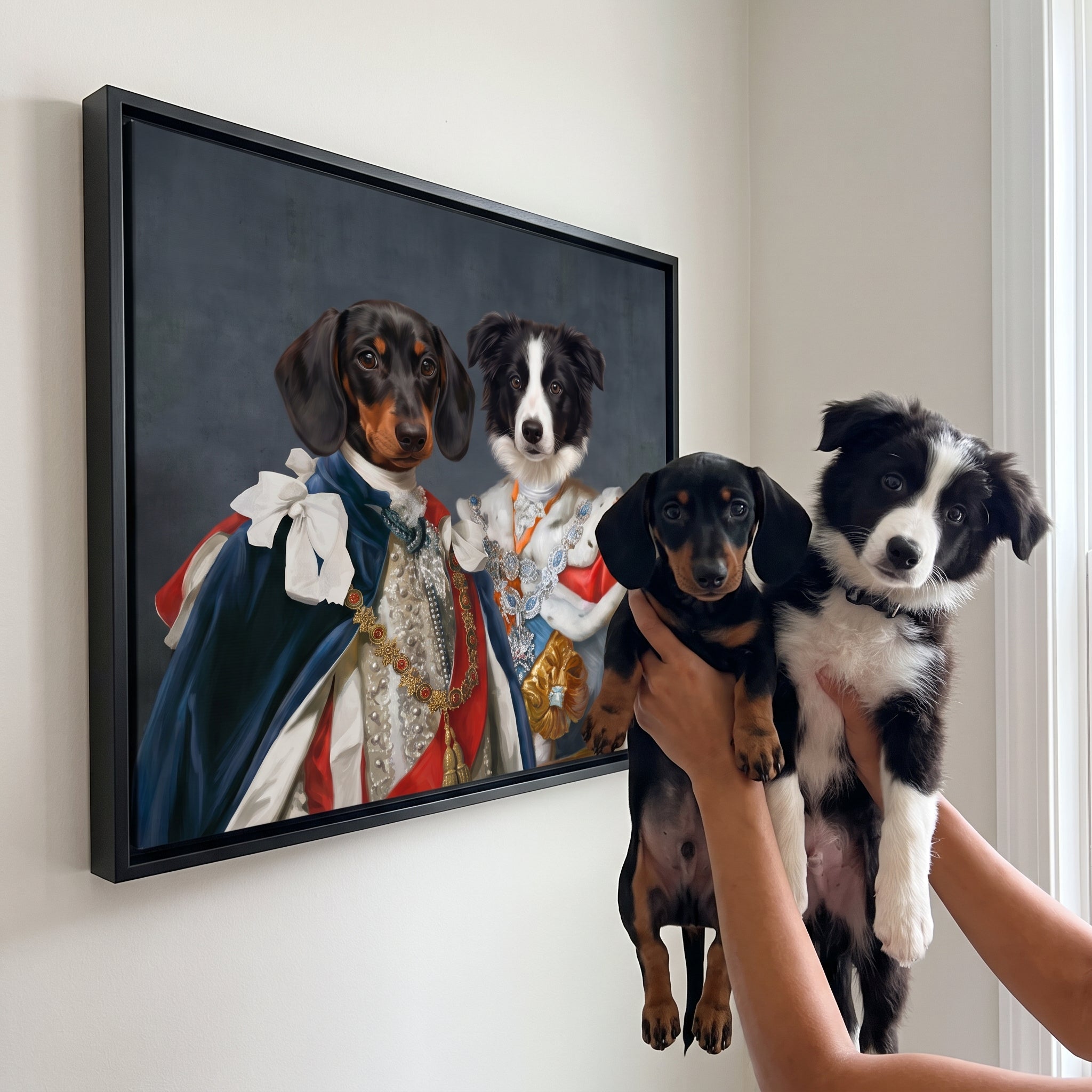 Miniature dachshund and border collie next to its The Rulers custom pet canvas
