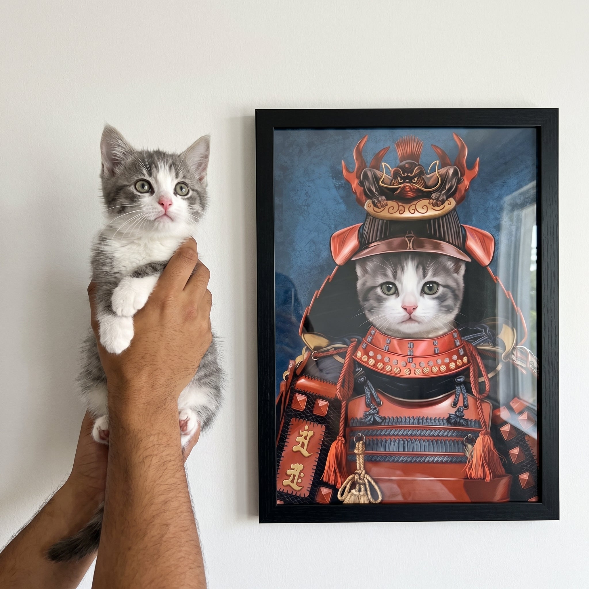 Grey and white cat next to its The Samurai custom pet poster