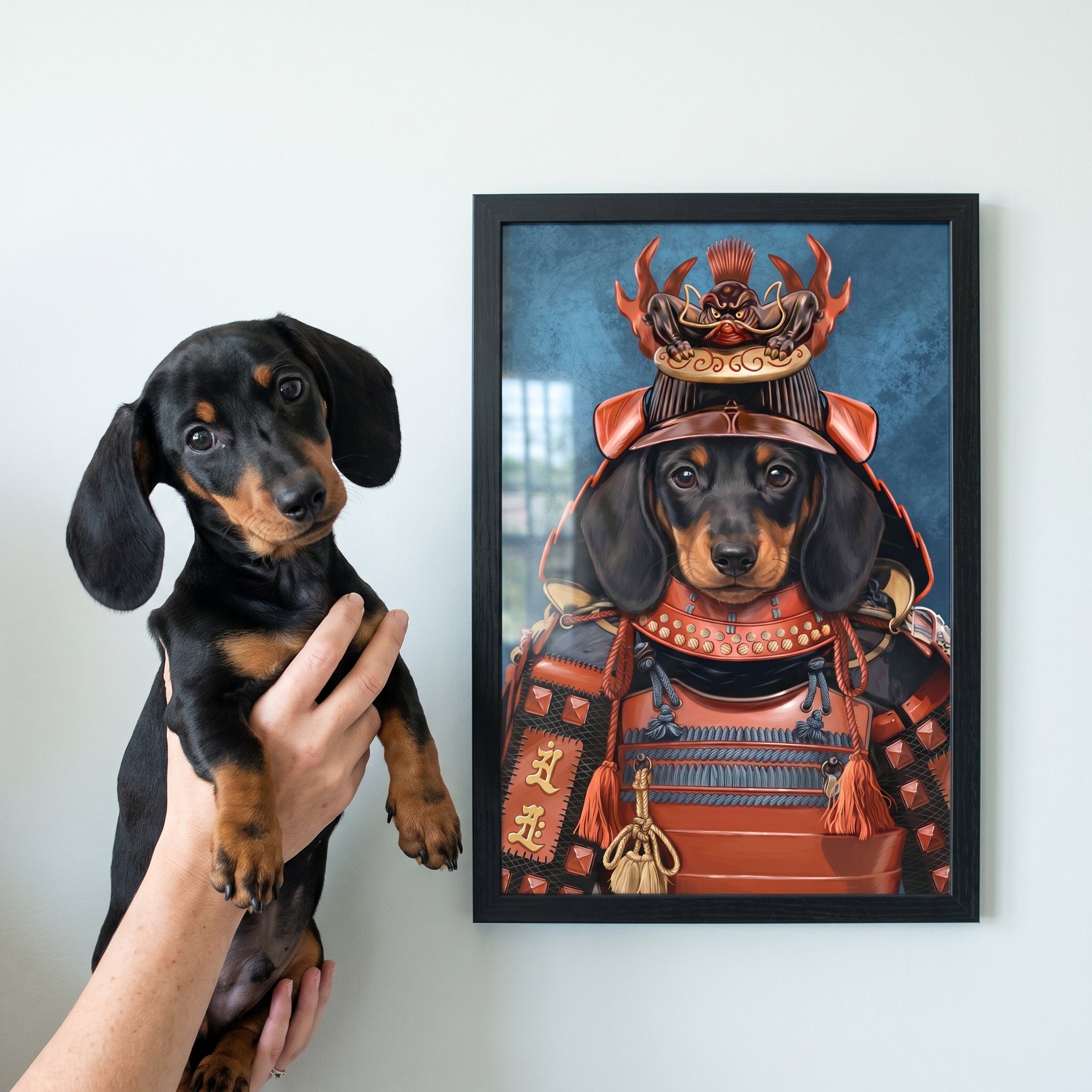 Miniature dachshund next to its The Samurai custom pet poster