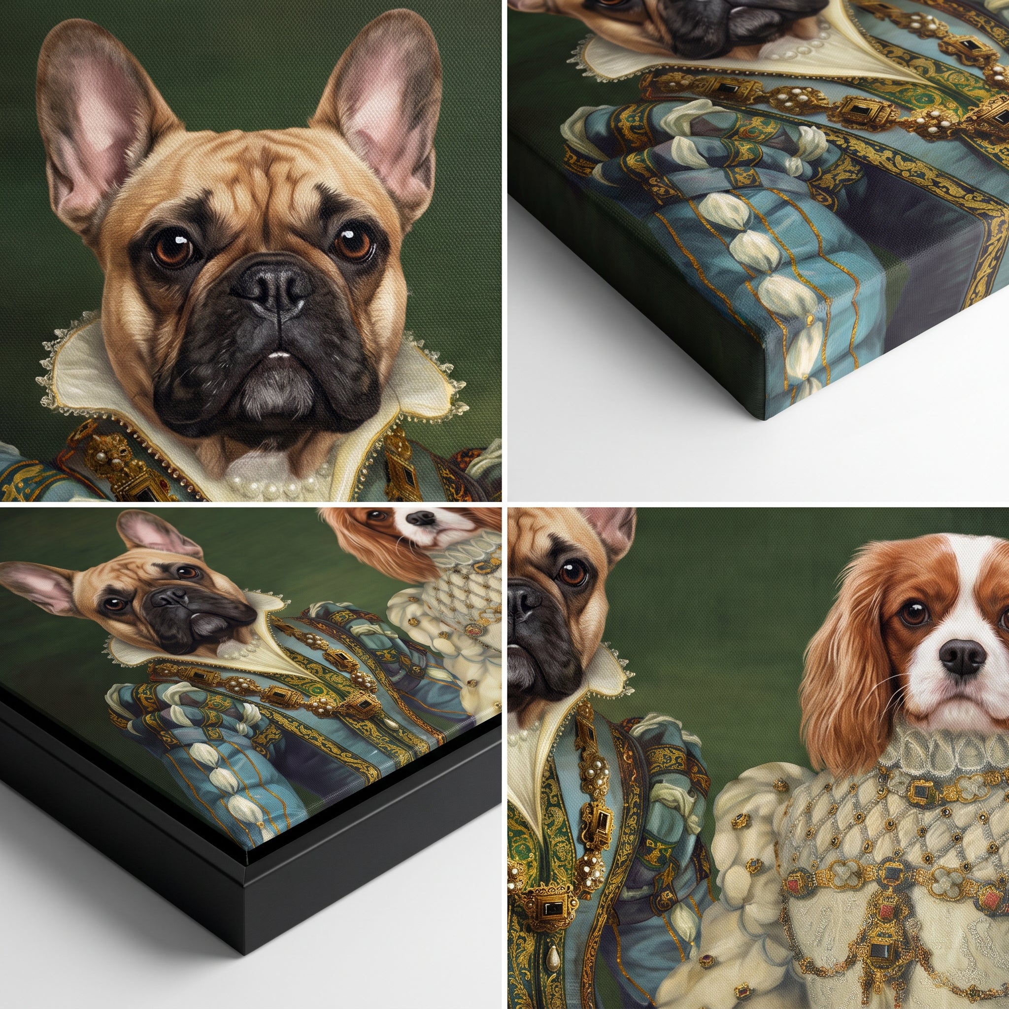Close-up details of The Sapphire Queen and Princess custom pet canvas