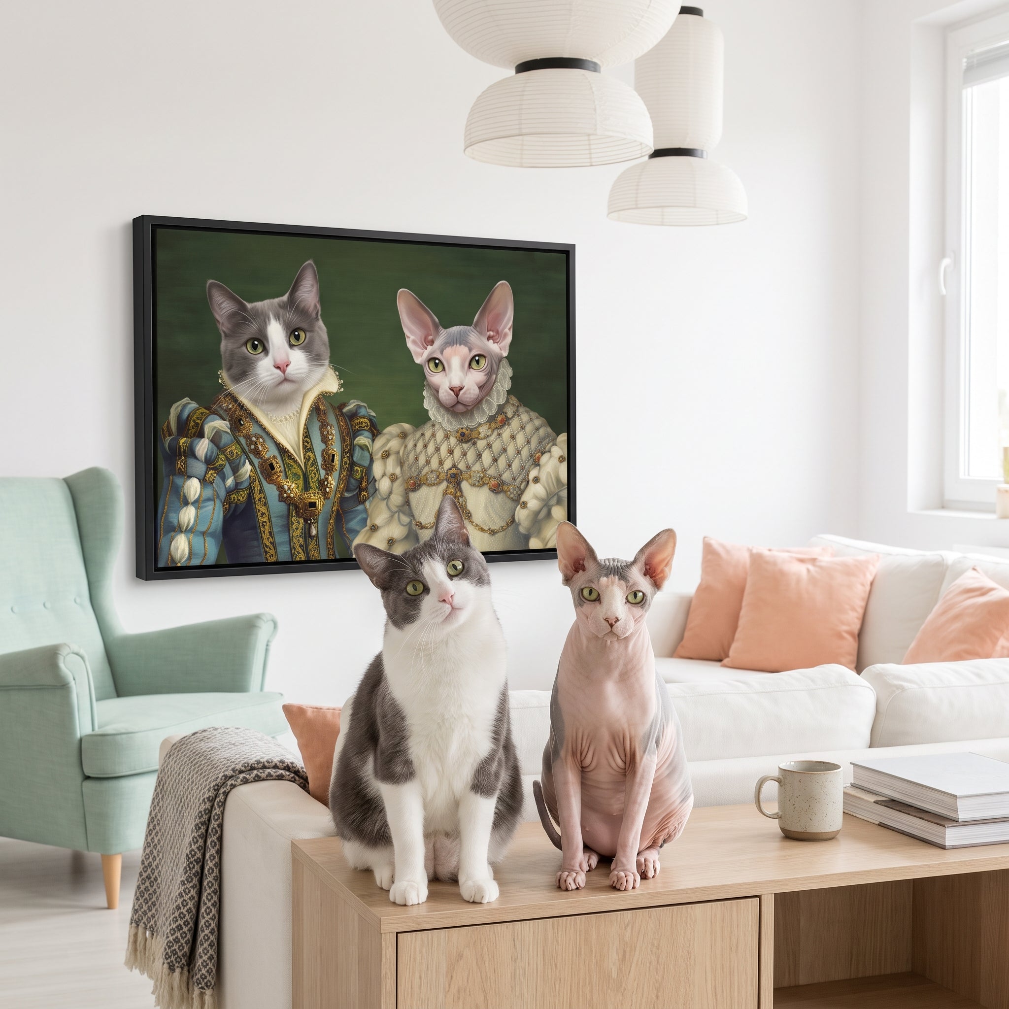 Grey and white cat and  next to its The Sapphire Queen and Princess custom pet canvas