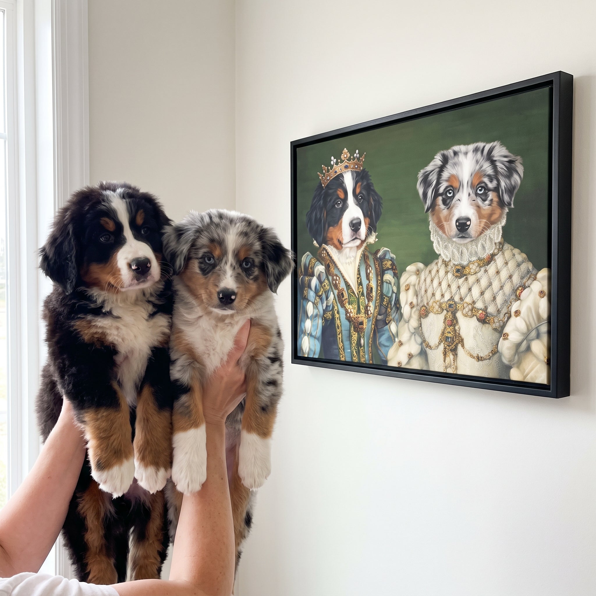 Bernese mountain dog an next to its The Sapphire Queen and Princess custom pet canvas