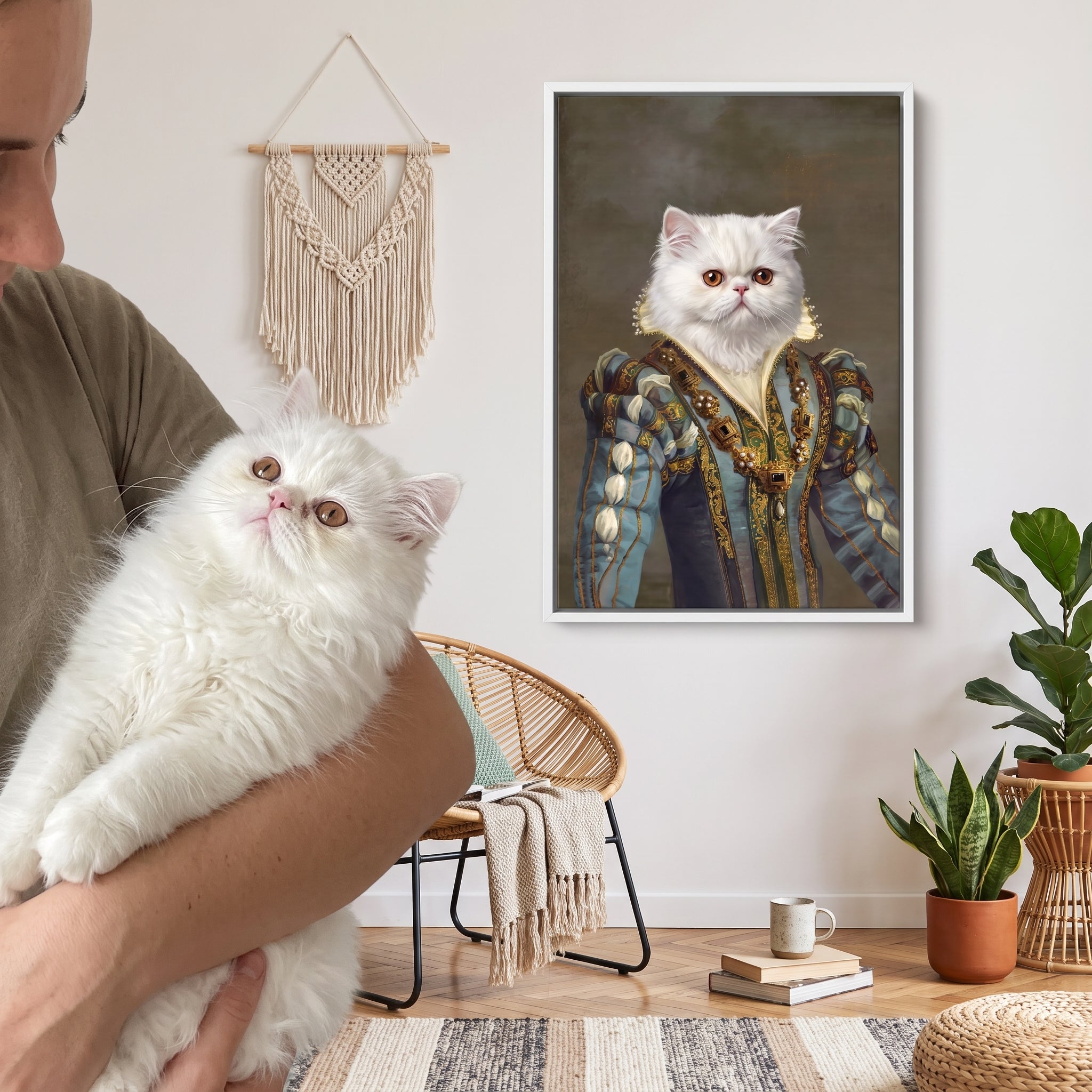 White persian cat next to its The Sapphire Queen custom pet canvas
