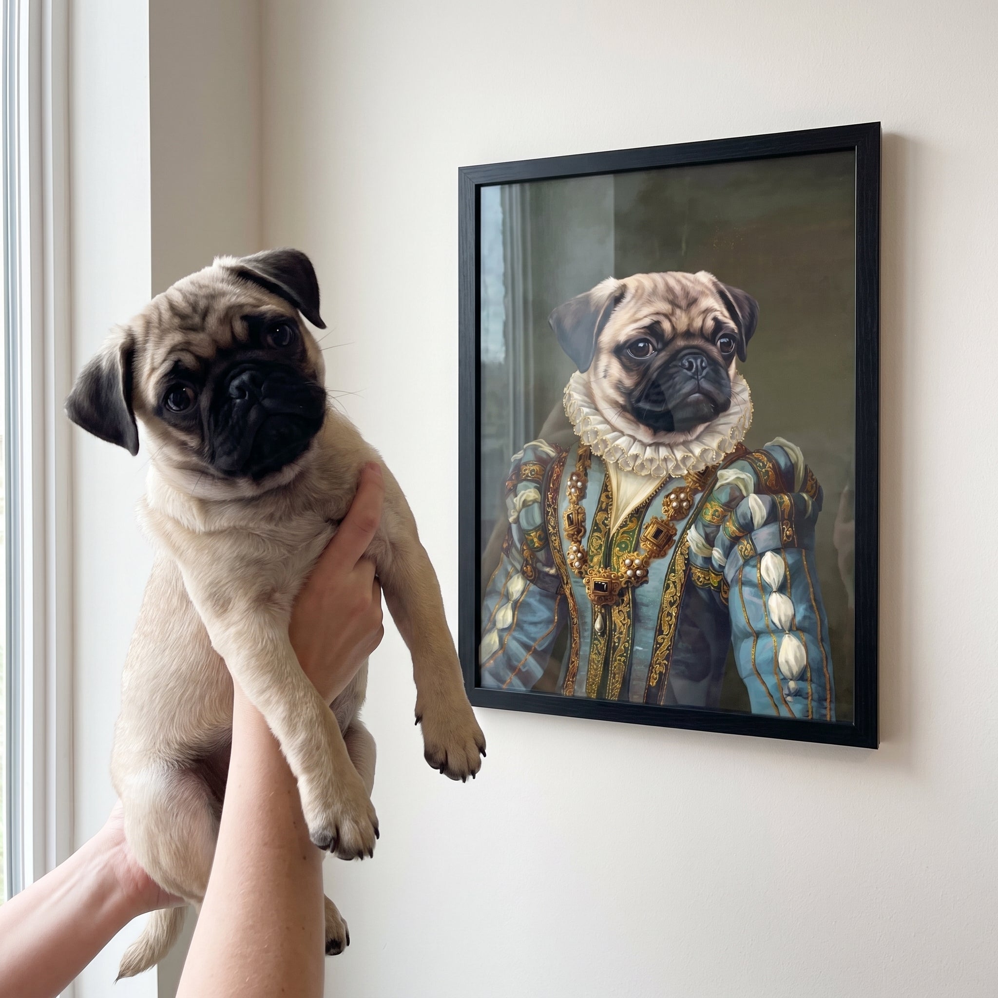 Pug next to its The Sapphire Queen custom pet poster