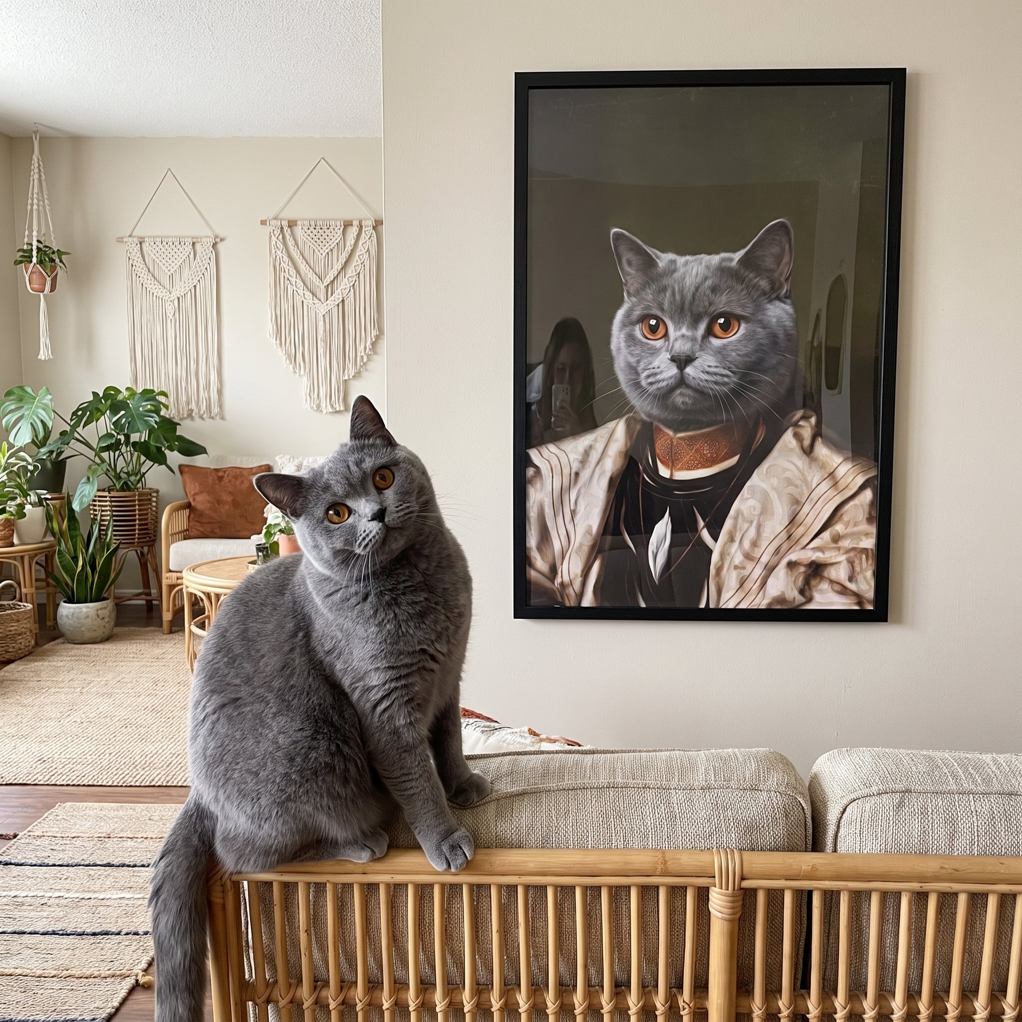 Grey british shorthair cat next to its The Savant custom pet poster