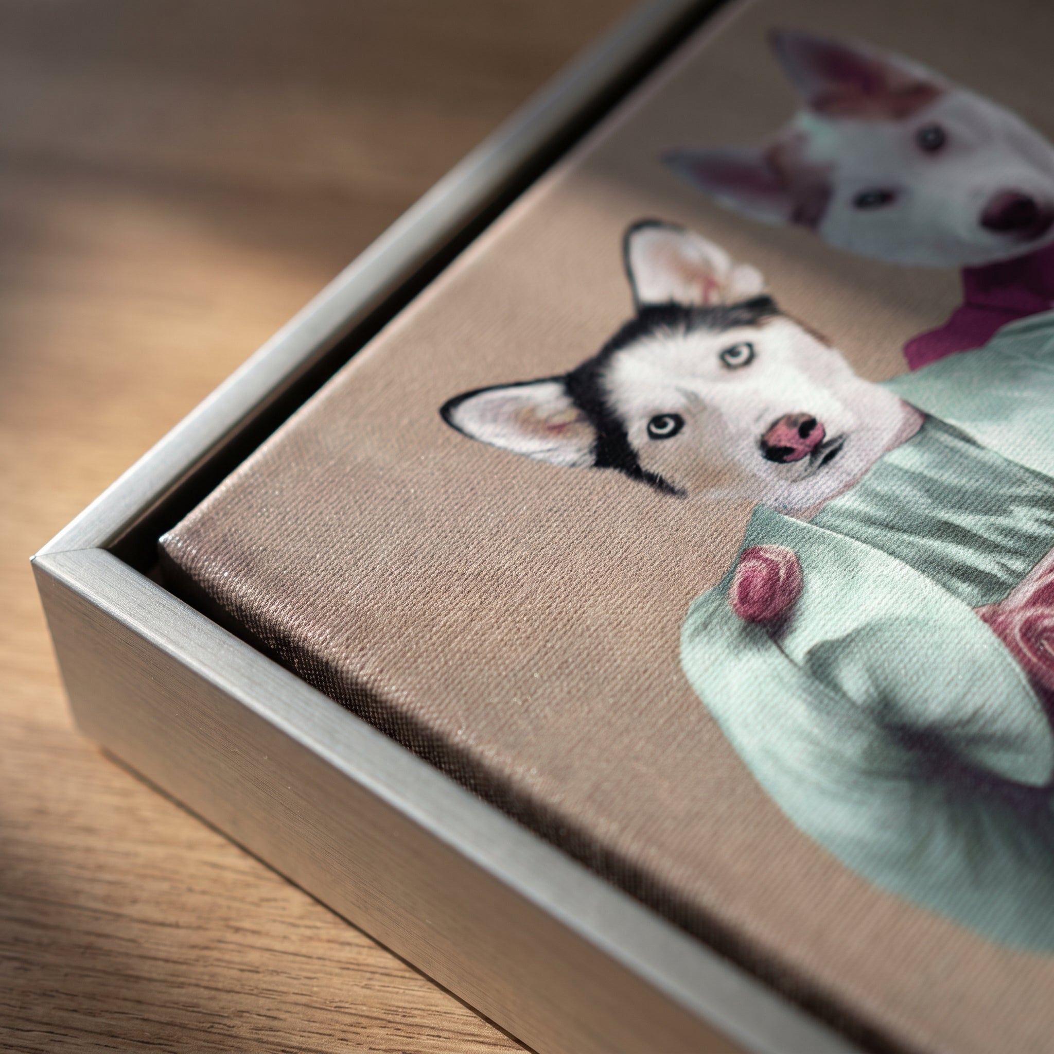 Close-up details of The Sisters custom pet canvas