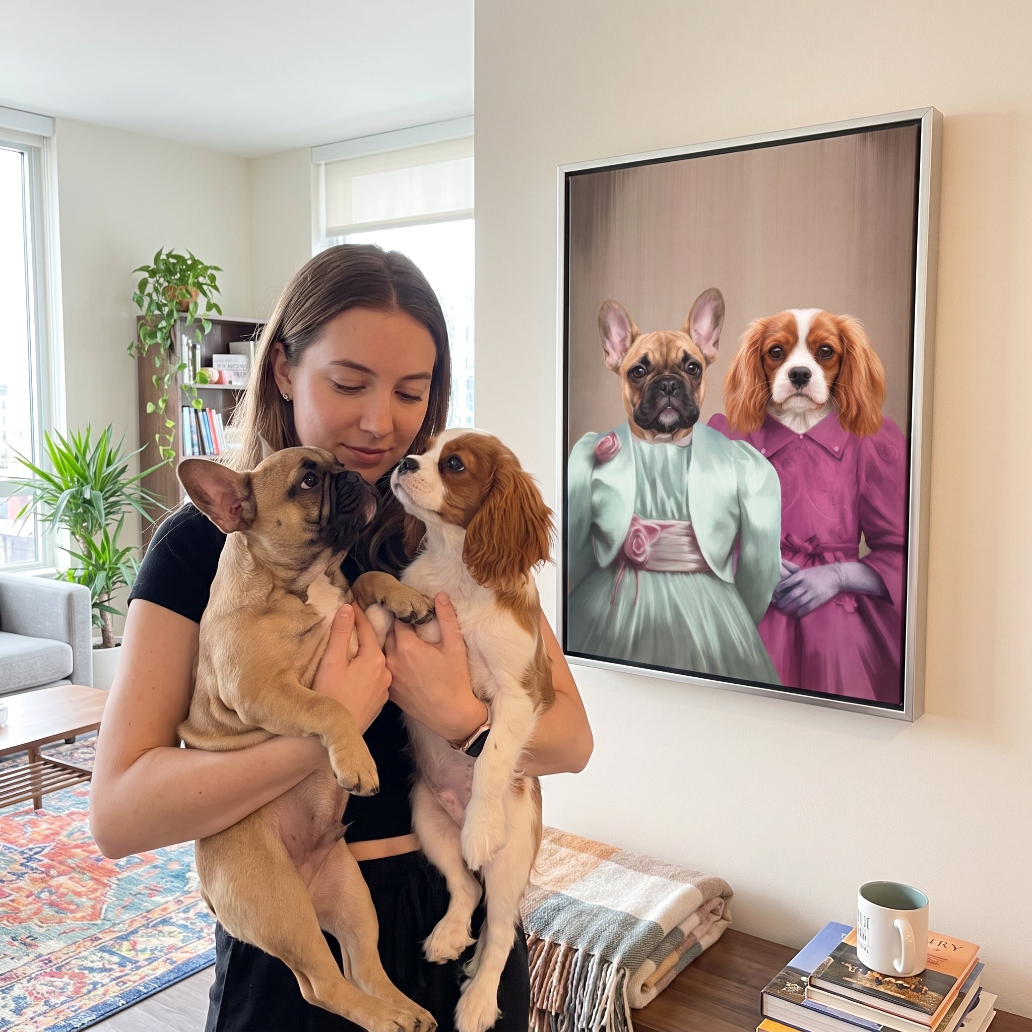 French bulldog and cavalier king charles sp next to its The Sisters custom pet canvas