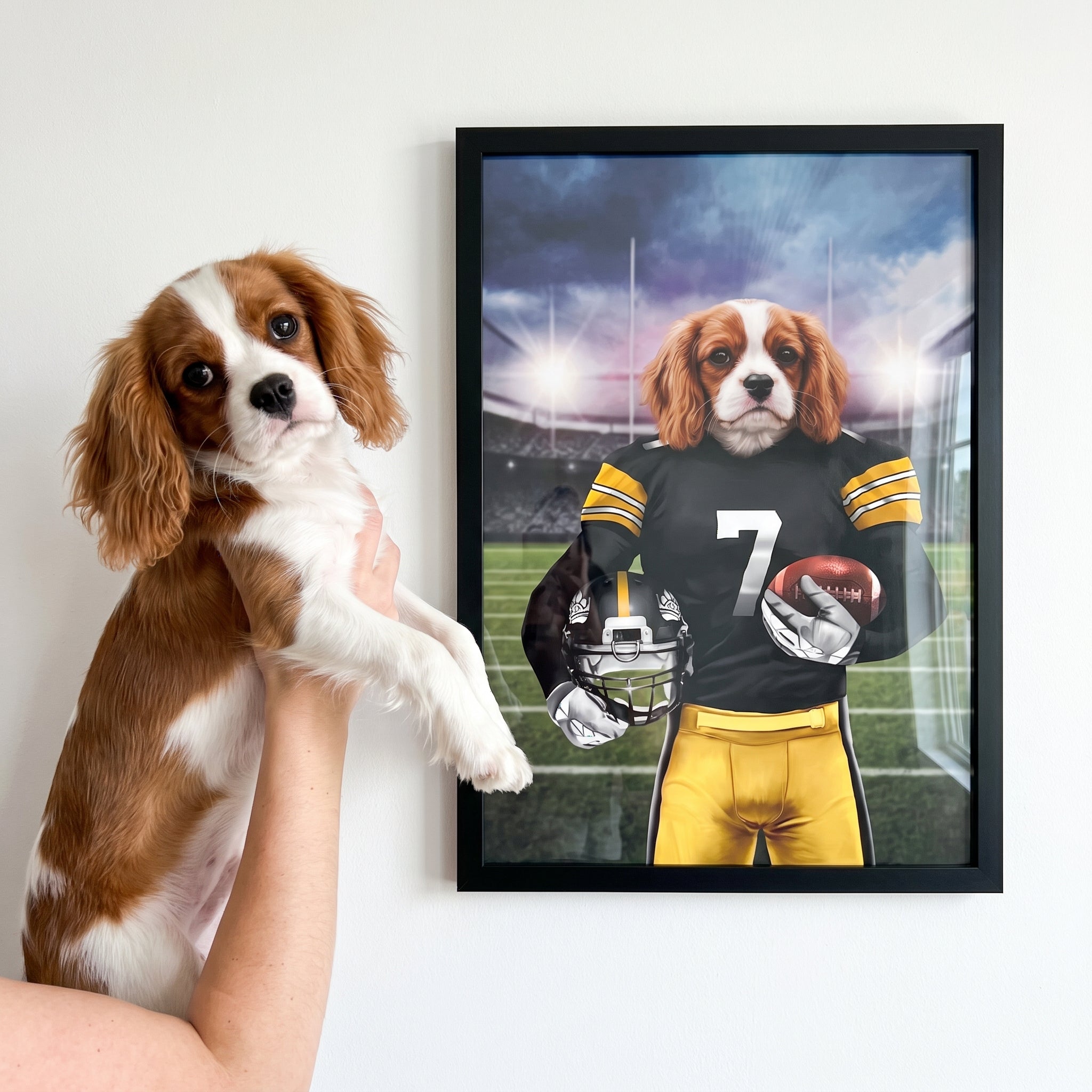 Cavalier king charles spaniel next to its The Snack Steelers custom pet poster