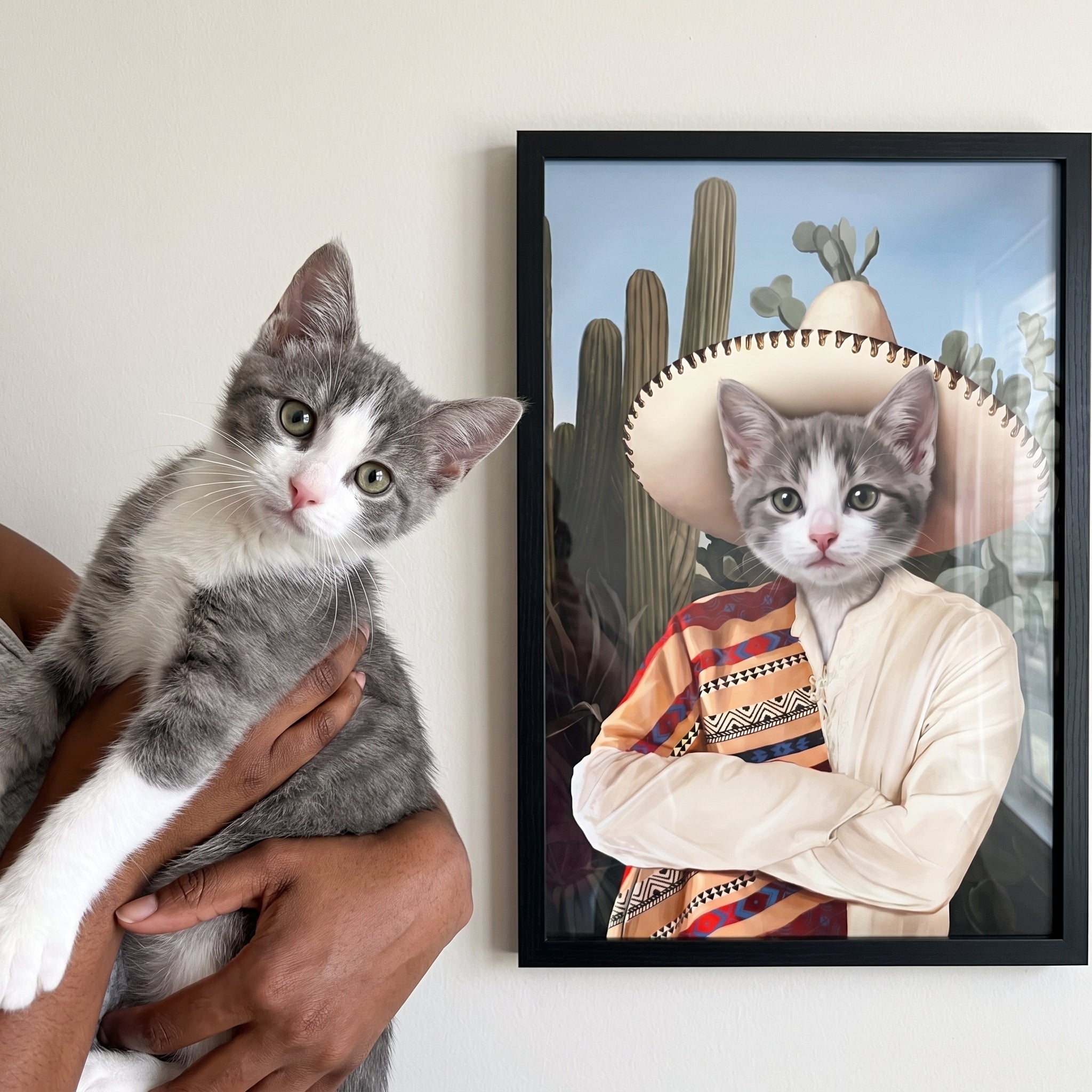 Grey and white cat next to its The Sombrero custom pet poster