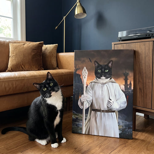 Tuxedo cat next to its The Sorcerer custom pet canvas