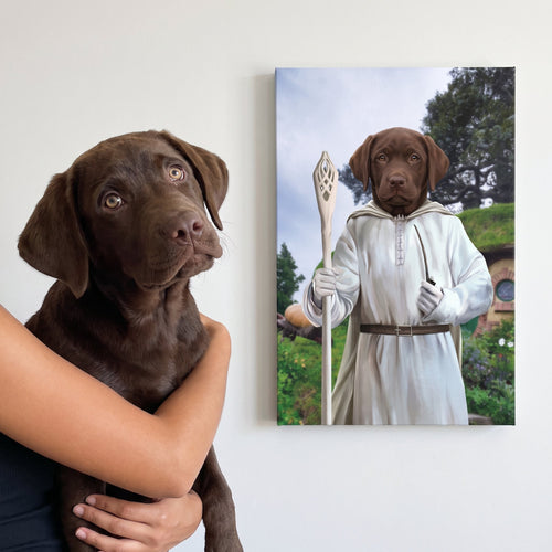 Chocolate labrador next to its The Sorcerer custom pet canvas