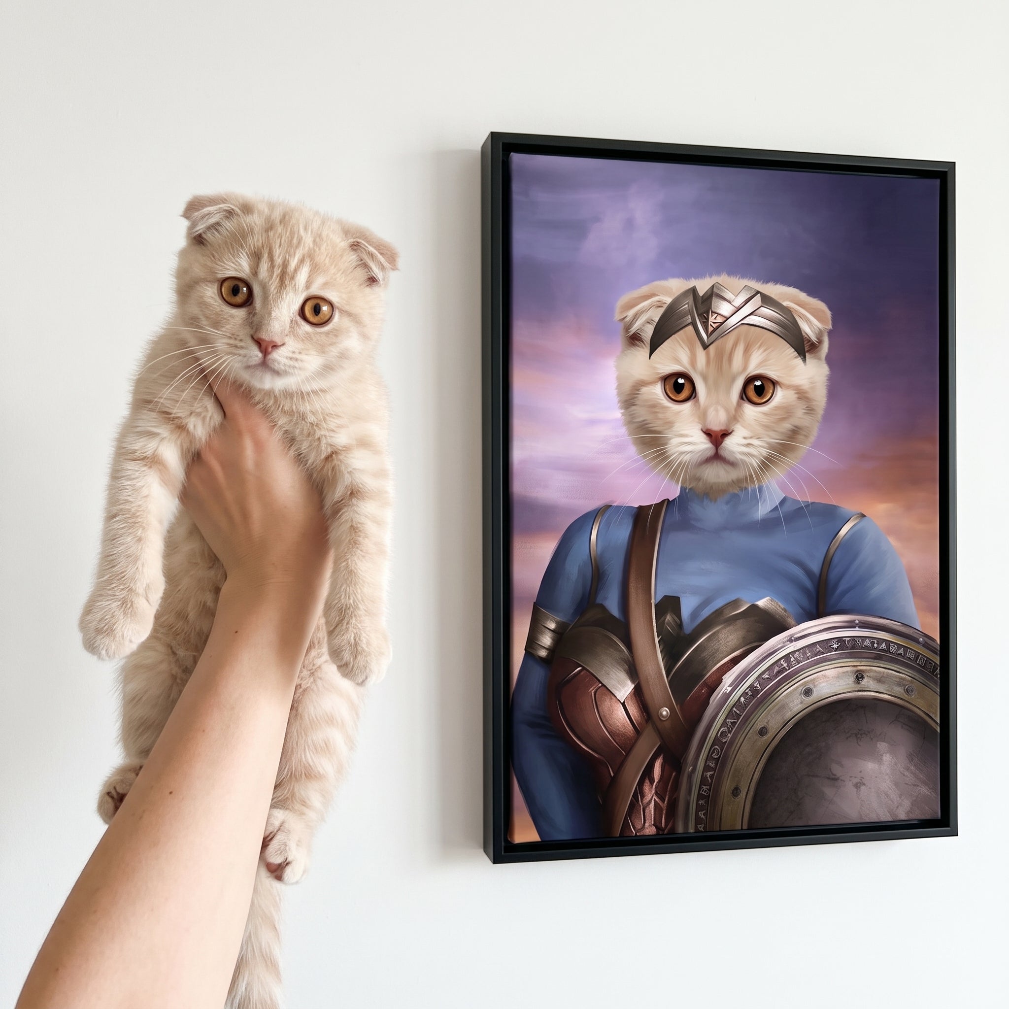 Scottish fold cat next to its The Super Princess custom pet canvas