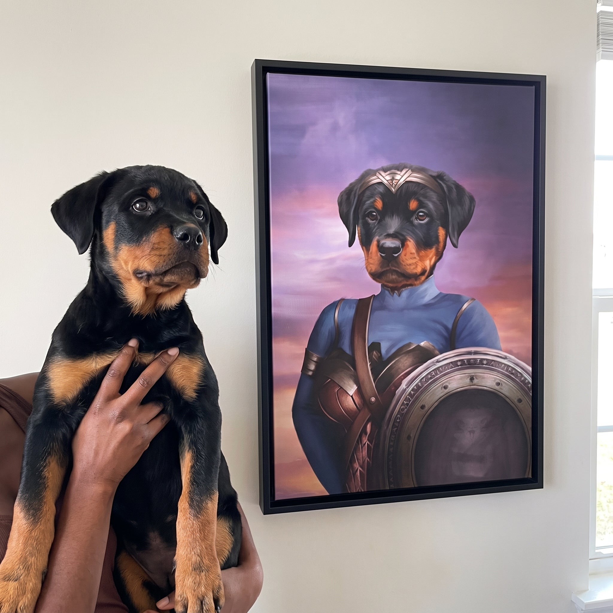 Rottweiler next to its The Super Princess custom pet canvas