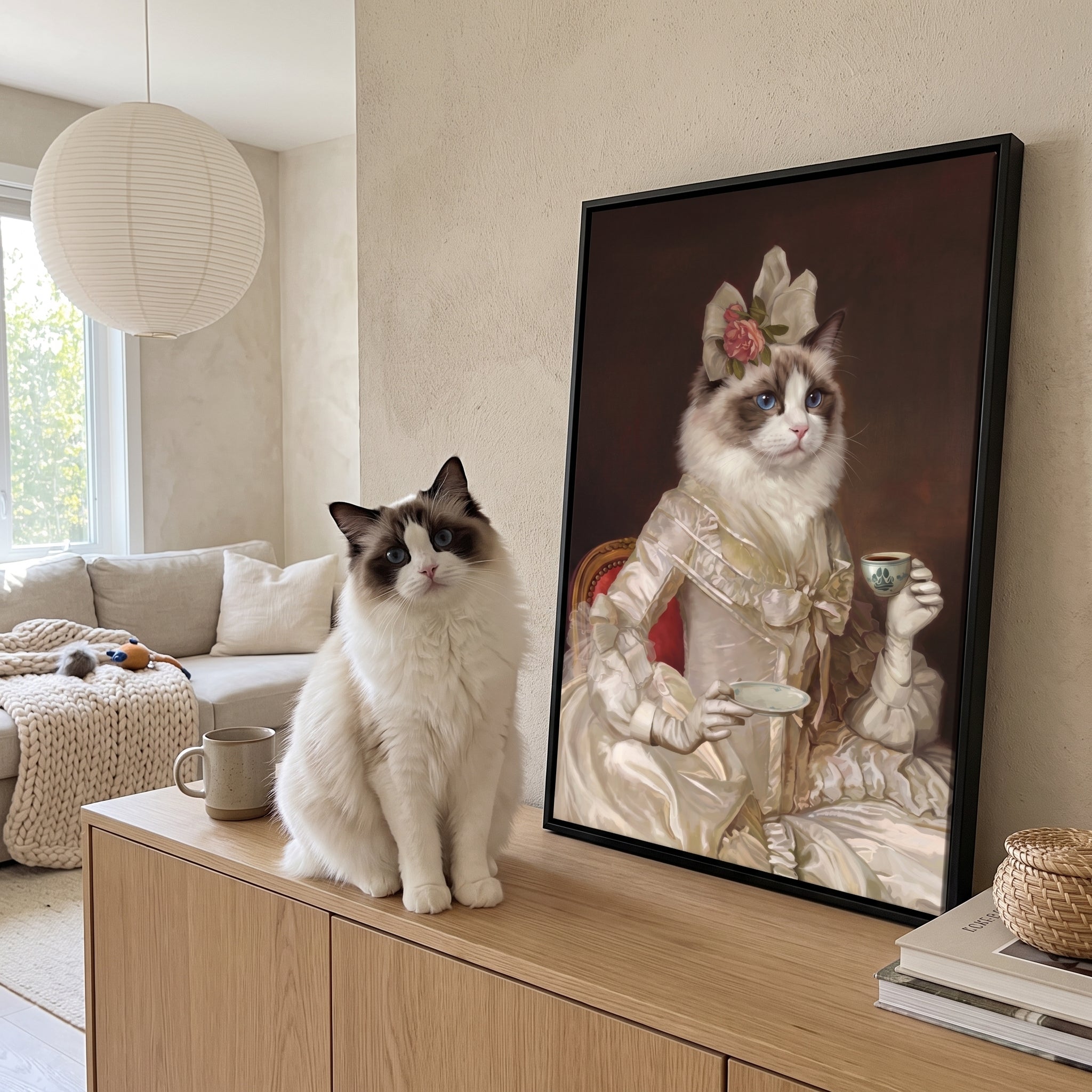 White ragdoll cat next to its The Sweetheart custom pet canvas