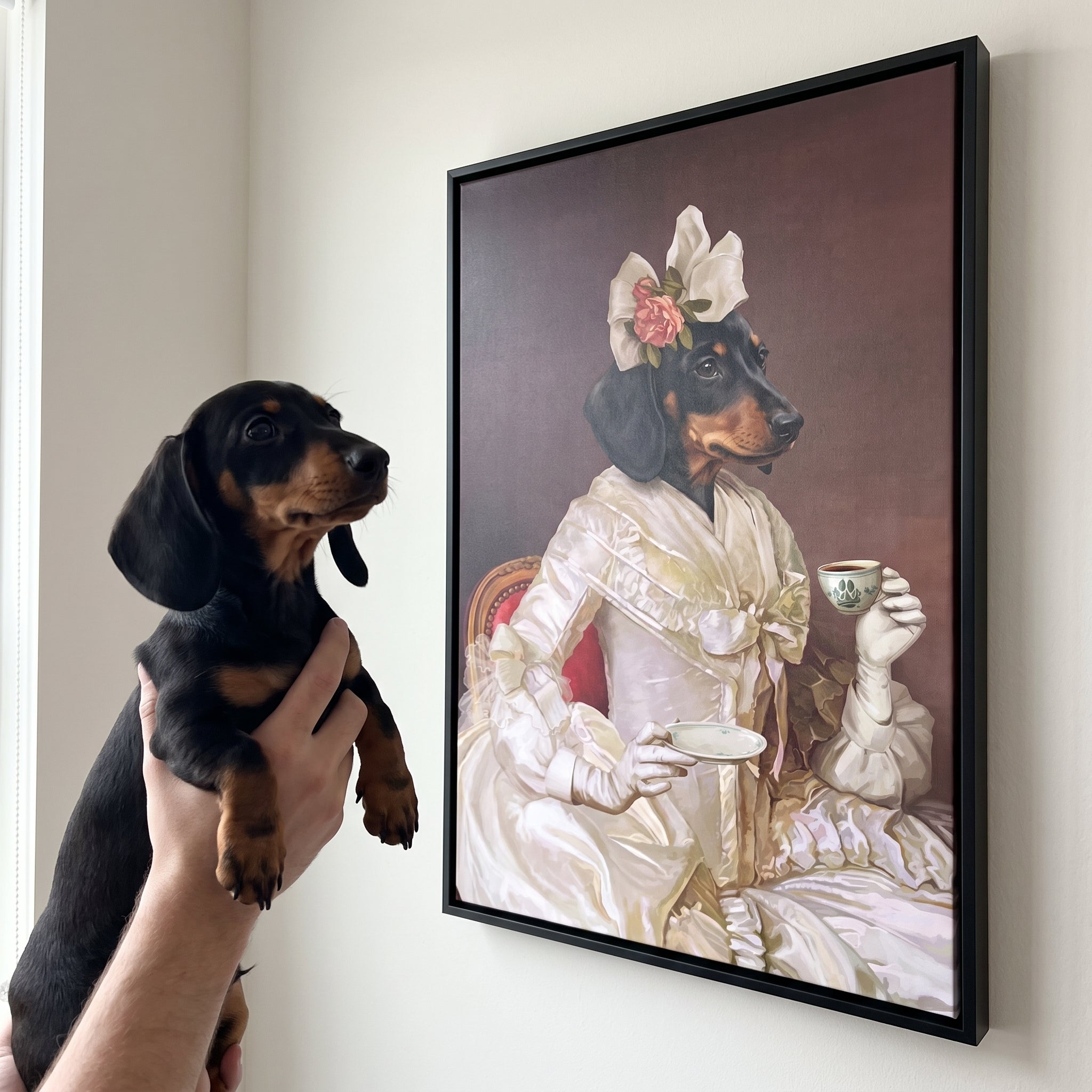 Miniature dachshund next to its The Sweetheart custom pet canvas