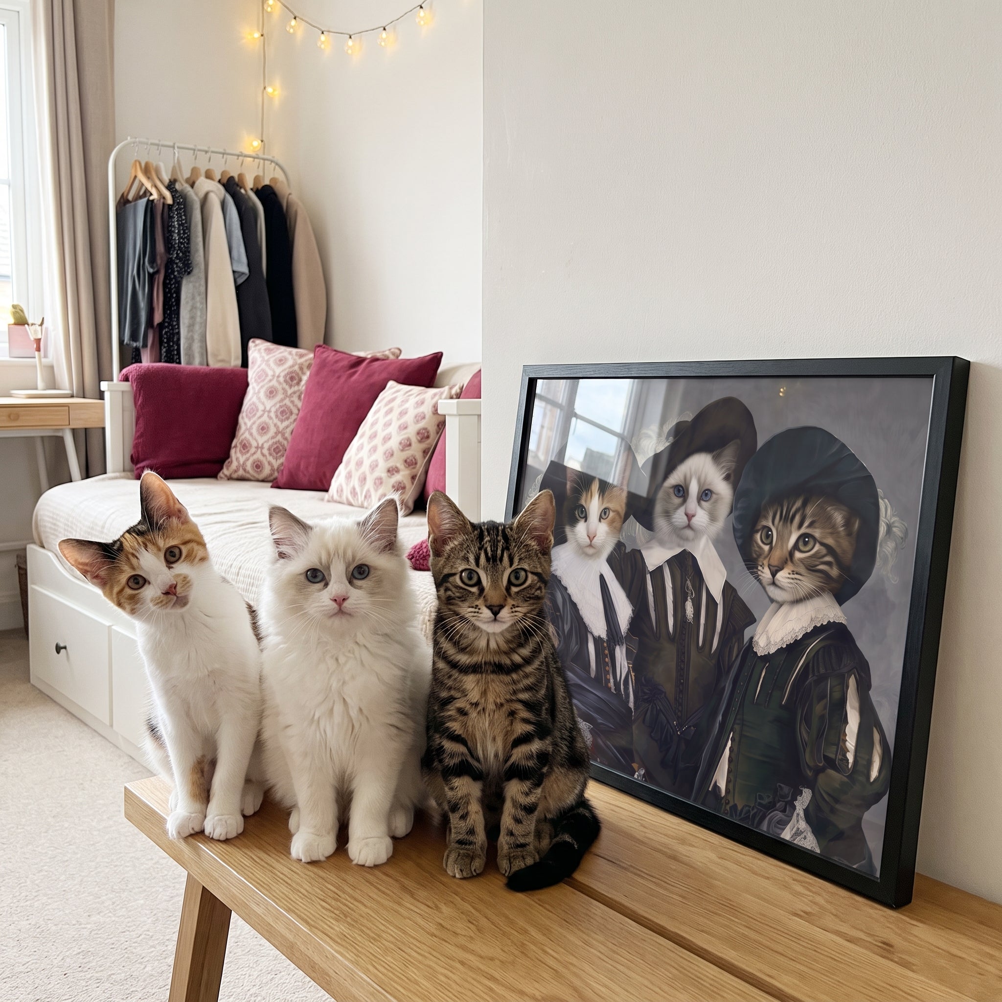Calico cat white ragdoll cat and b next to its The Three Musketeers custom pet poster
