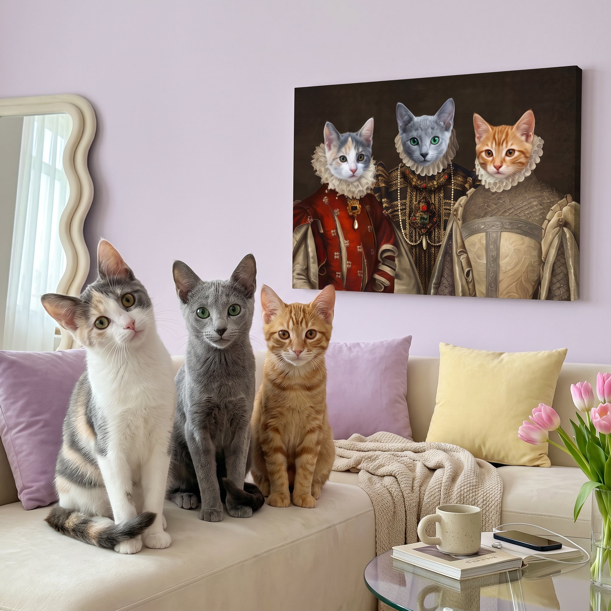 White ragdoll cat brown tabby cat and  next to its The Three Queens custom pet canvas