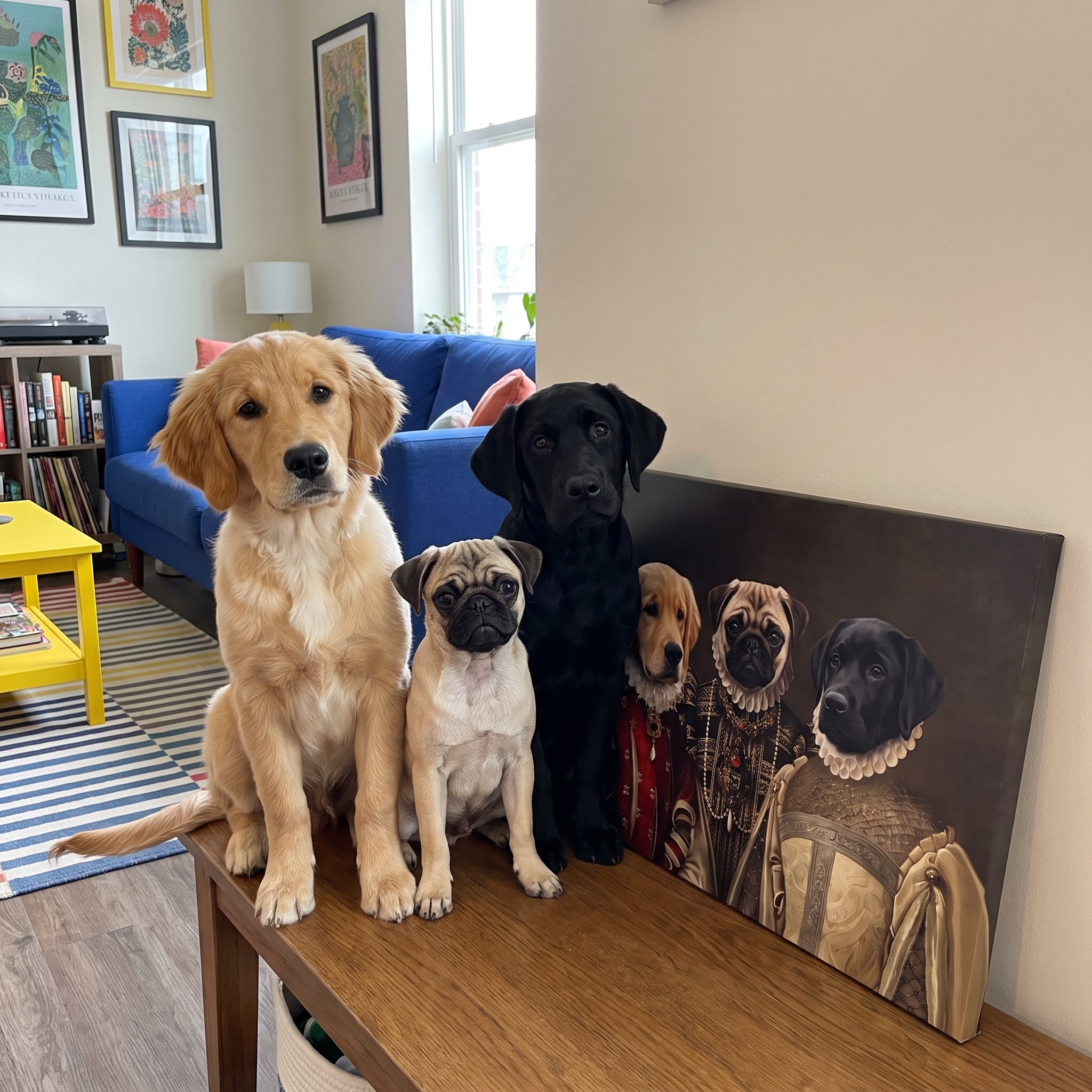 Goldendoodle miniature dachshund and b next to its The Three Queens custom pet canvas