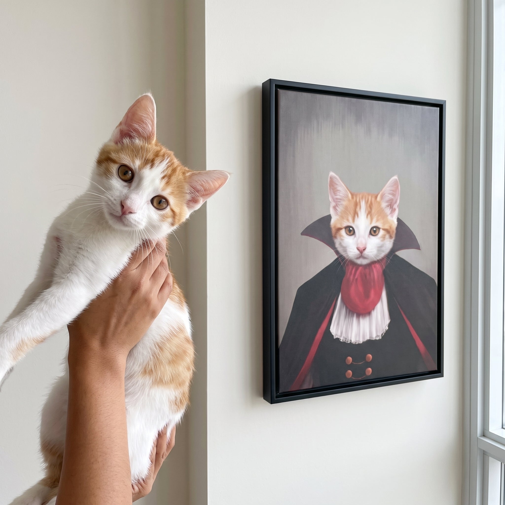 Ginger and white cat next to its The Vampire custom pet canvas