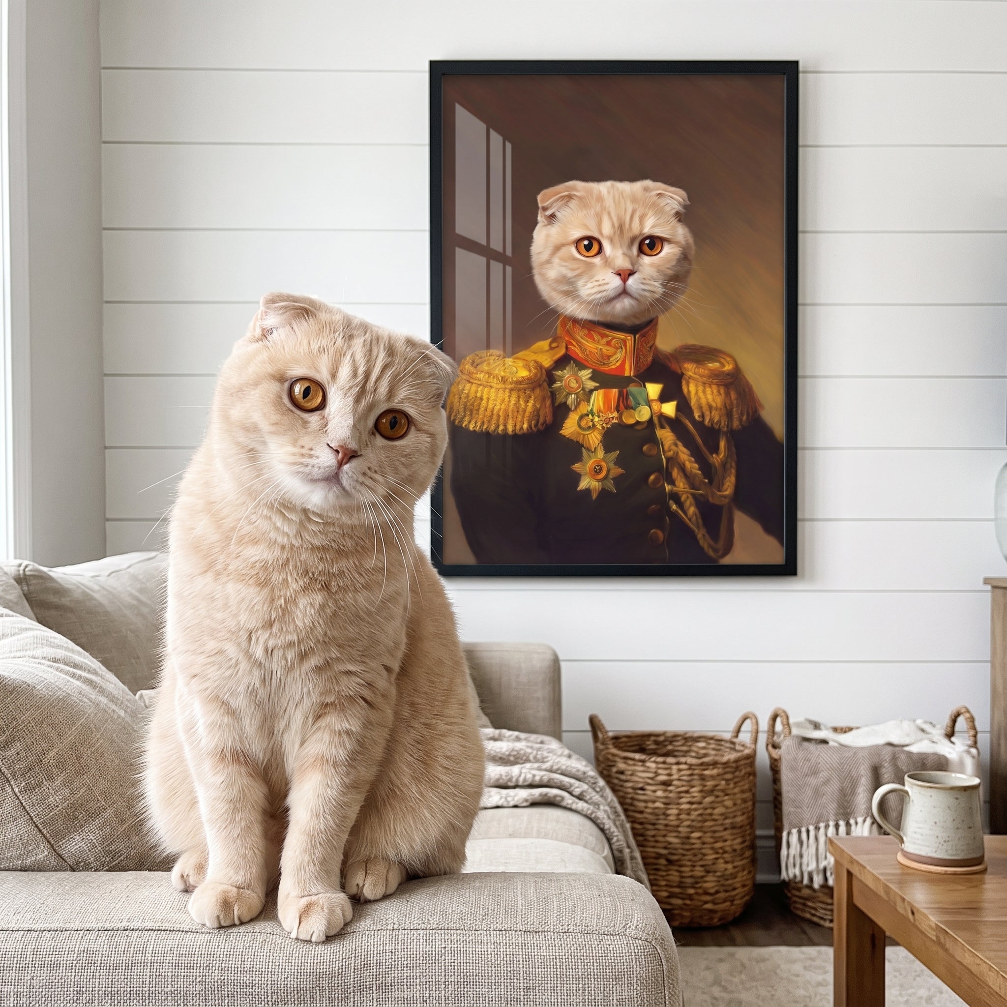 Scottish fold cat next to its The Veteran custom pet poster