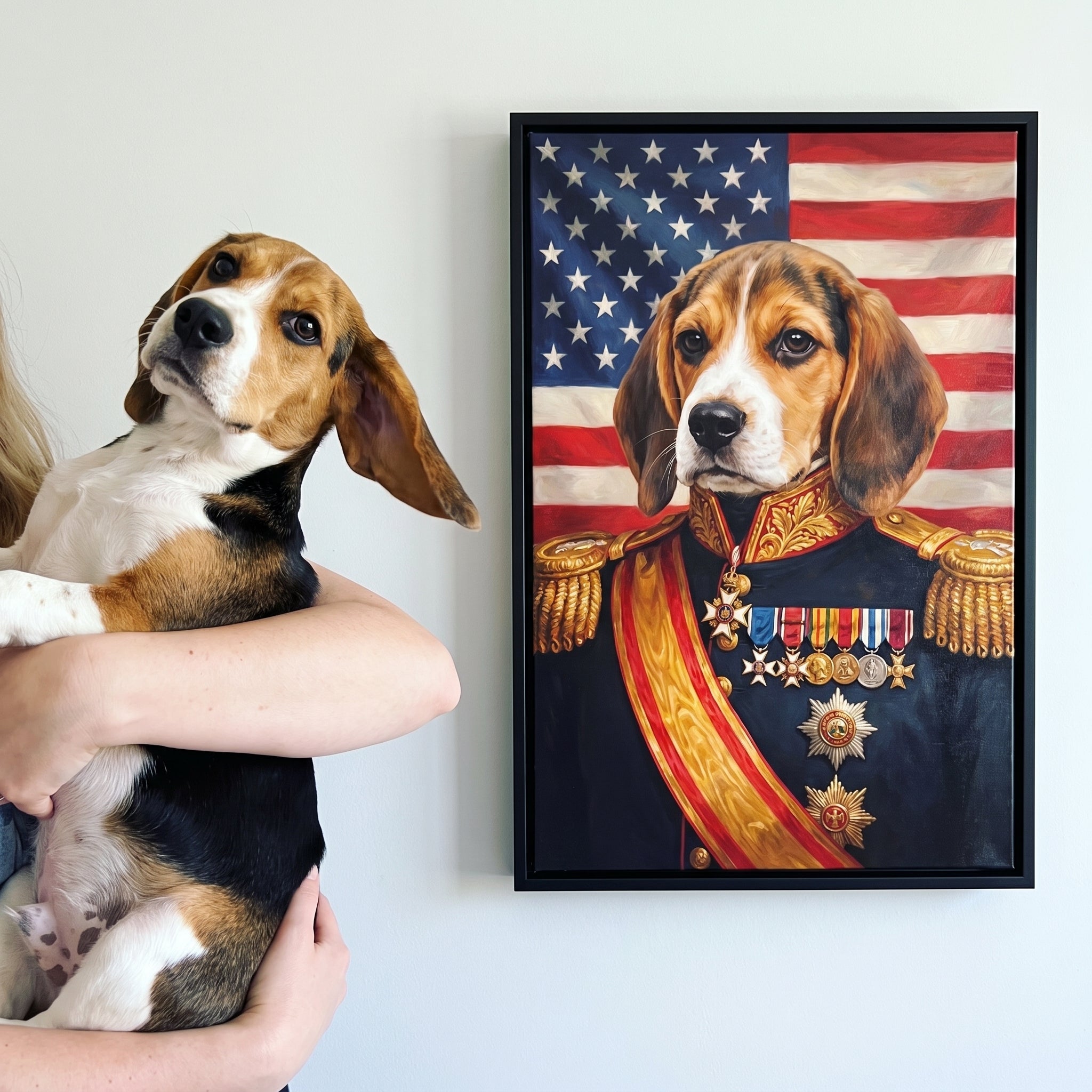 Beagle next to its The Veteran - USA Flag Edition custom pet canvas