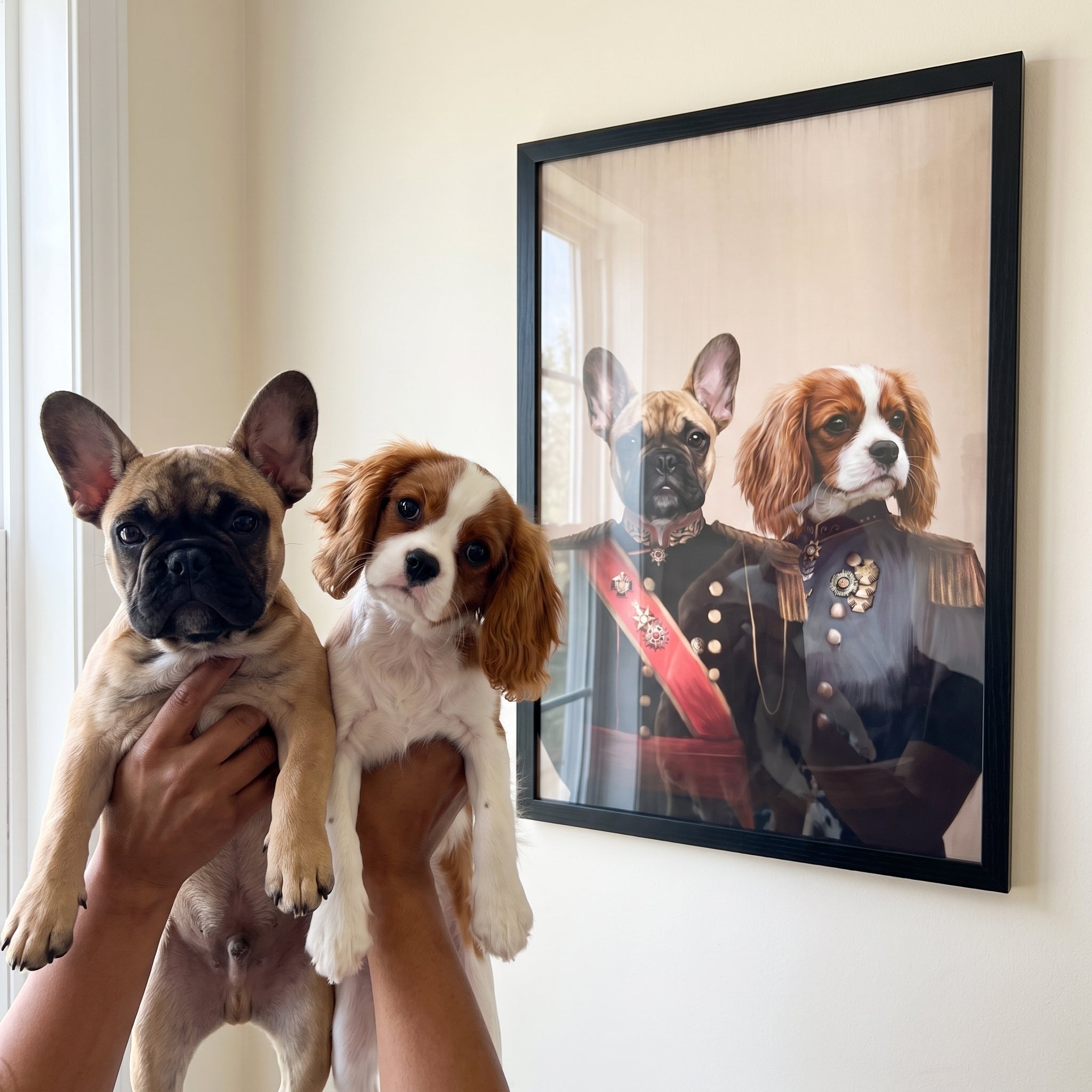 French bulldog and cavalier king charles next to its The War Heroes custom pet poster