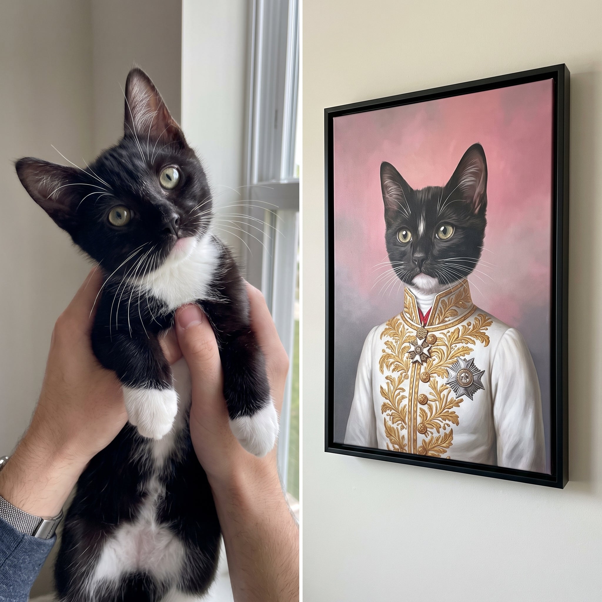 Tuxedo cat next to its The White General custom pet canvas