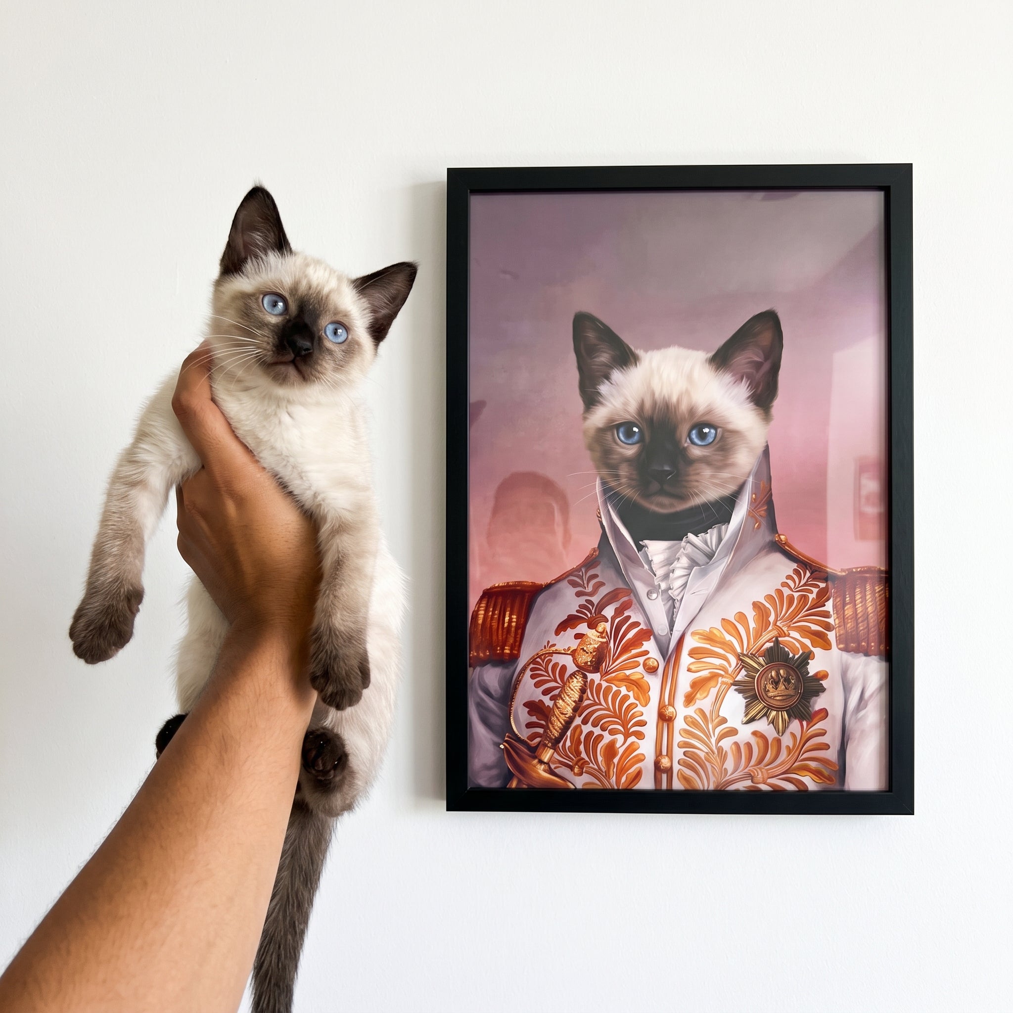 Siamese cat next to its The White General custom pet poster