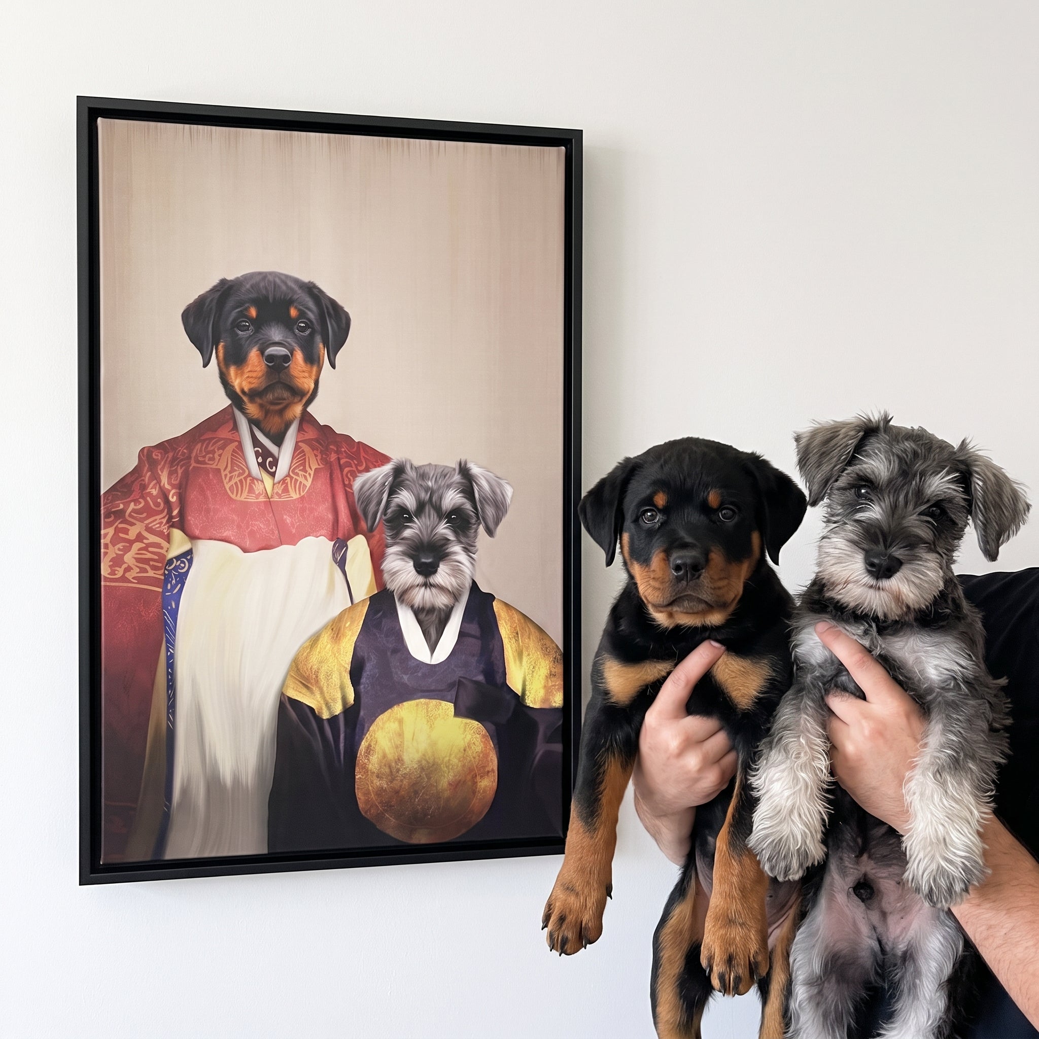 Rottweiler and miniature schnauzer next to its The Wise Pair custom pet canvas
