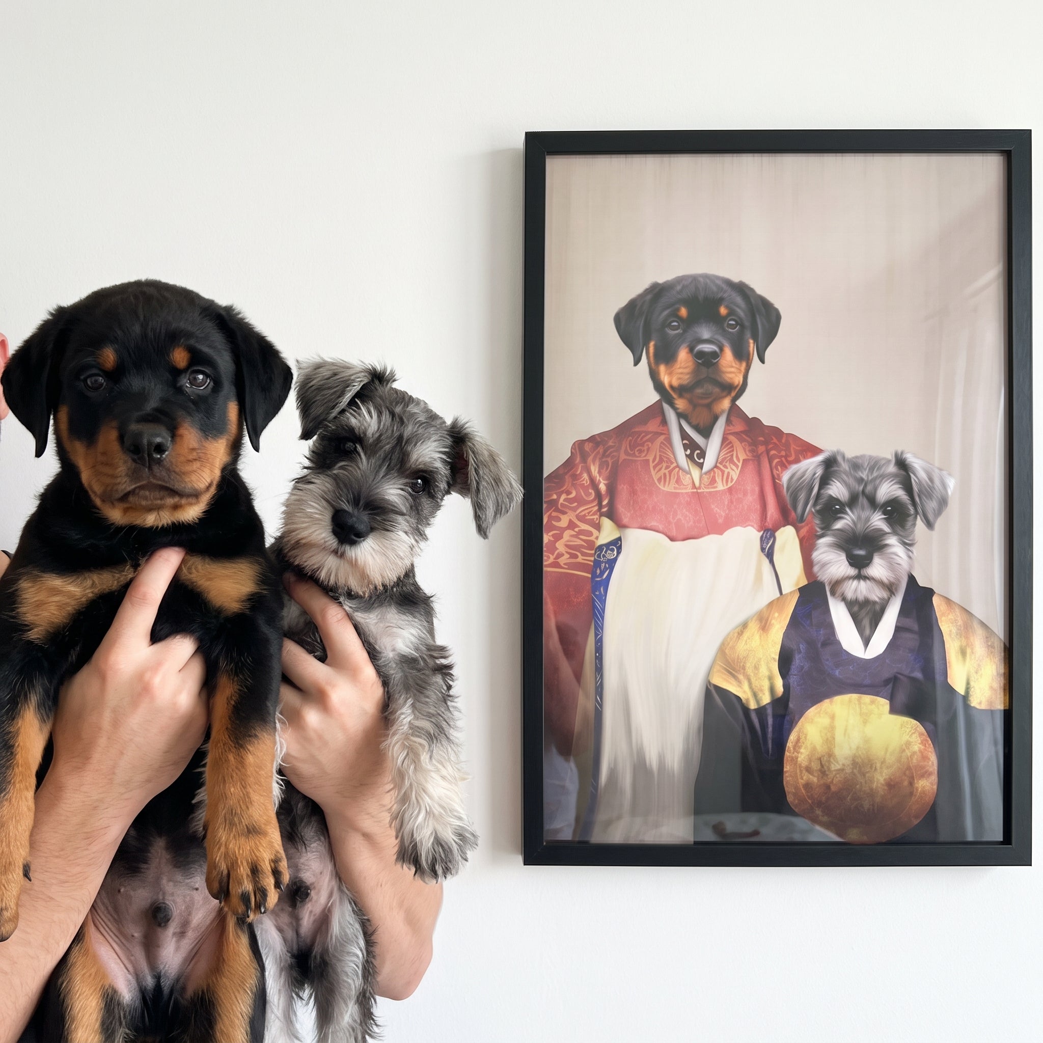 Rottweiler and miniature schnauzer next to its The Wise Pair custom pet poster