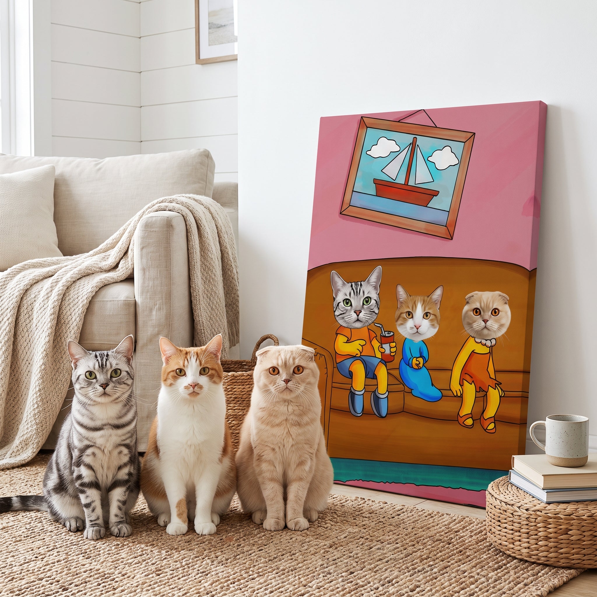 Silver tabby cat ginger and white cat  next to its The Yellow Three custom pet canvas